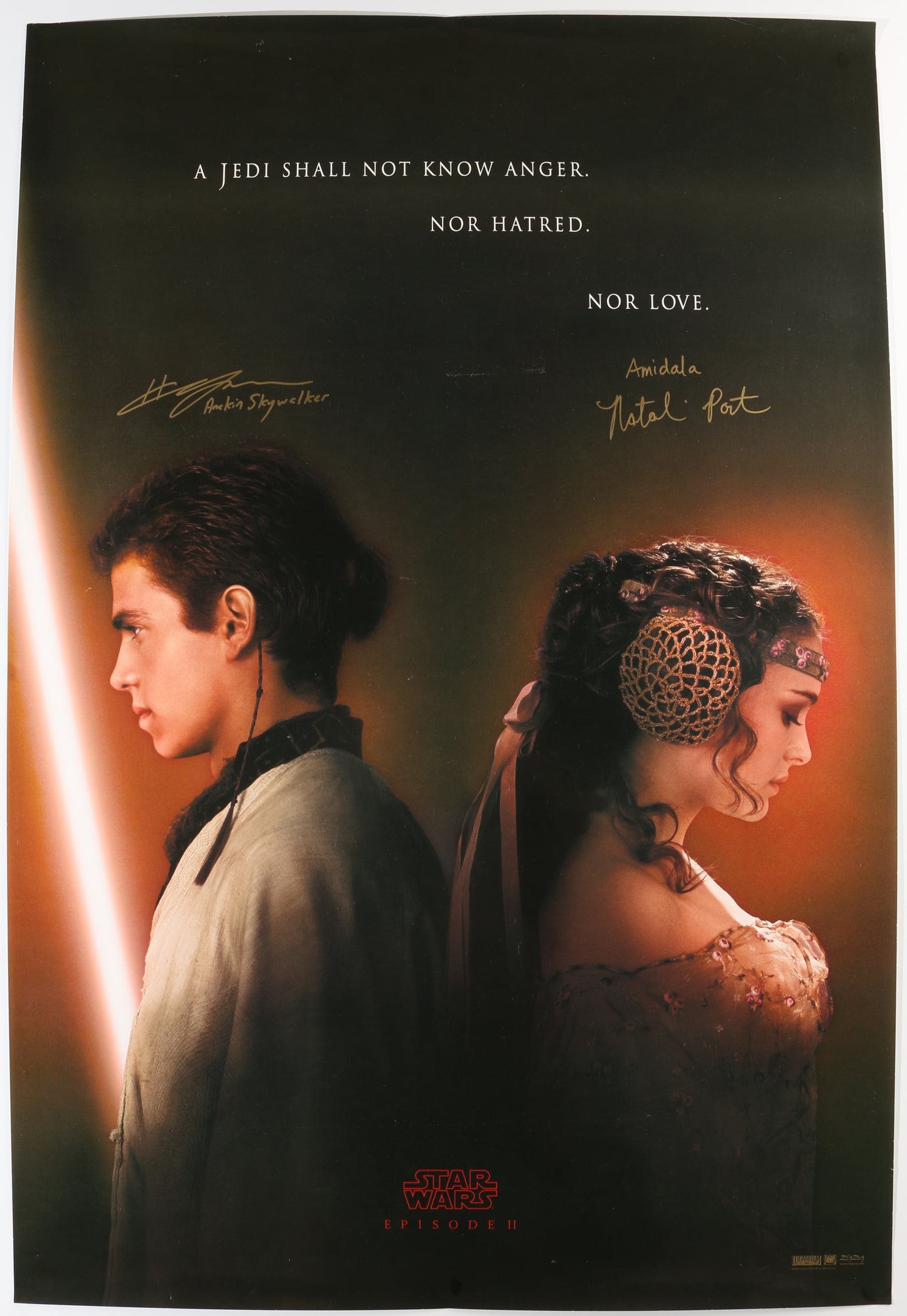 
                  
                    Hayden Christensen as Anakin Skywalker & Natalie Portman as Padme Amidala in Star Wars Episode II: Attack of the Clones Signed 27x40 Poster with Character Names
                  
                