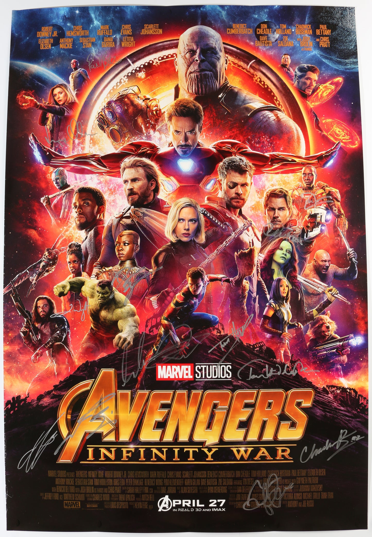 
                  
                    Avengers: Infinity War 27x40 Poster Signed by Chadwick Boseman, Paul Bettany, Elizabeth Olsen, Josh Brolin, Anthony Mackie, Sebastian Stan, Dania Gurira, Letitia Wright, Mark Ruffalo, Tom Holland, Don Cheadle, Chris Pratt, Tom Hiddleston, & Winston Duke
                  
                