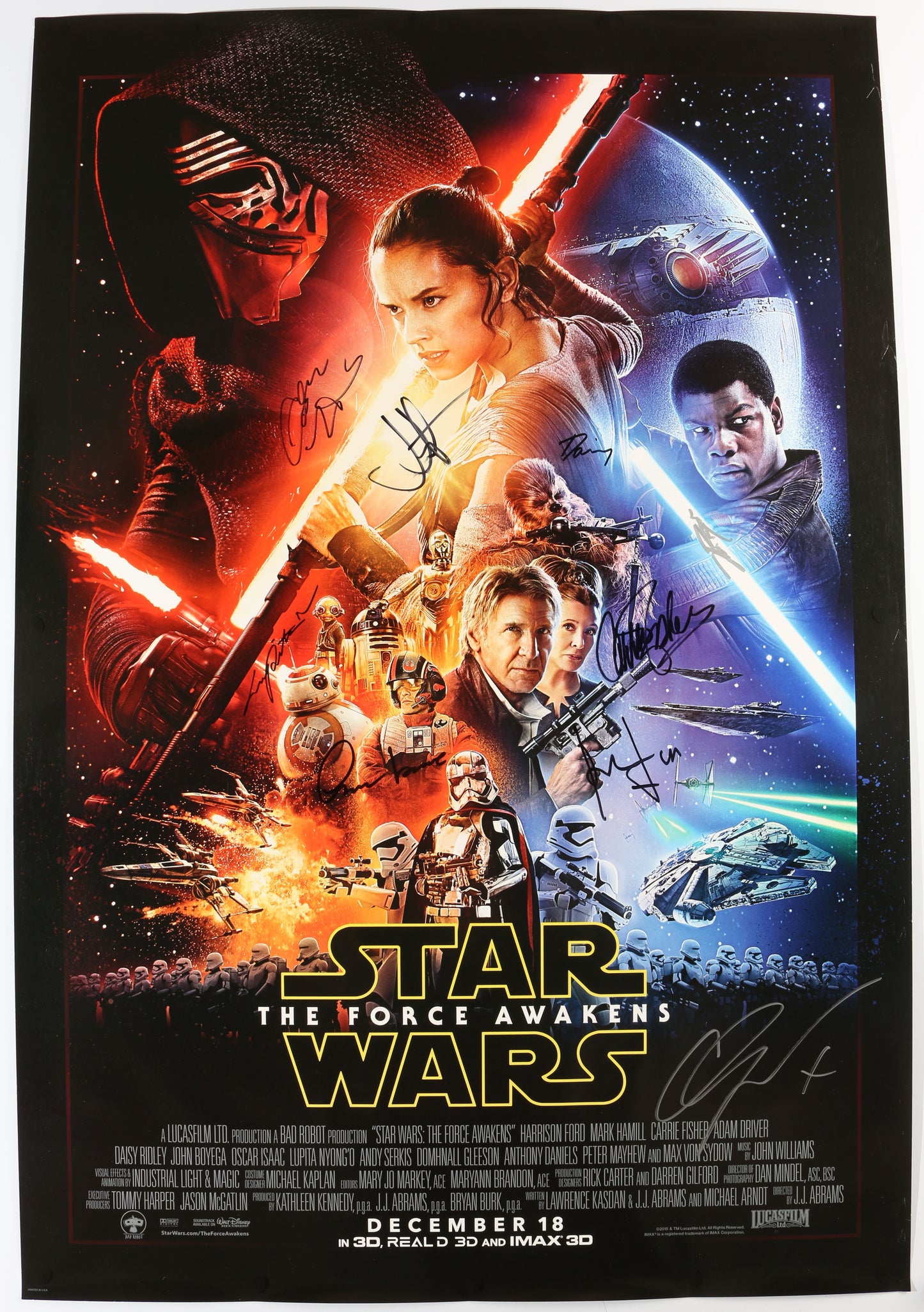
                  
                    Star Wars: The Force Awakens 27x40 Poster Cast Signed by Harrison Ford, Carrie Fisher, Adam Driver, Daisy Ridley, John Boyega, Oscar Isaac, Lupita Nyongo, & Gwendoline Christie
                  
                