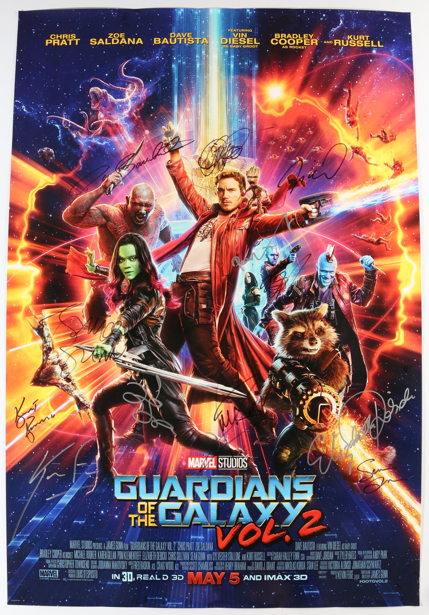 
                  
                    Guardians of the Galaxy Vol. 2 27x40 Poster Cast Signed by Chris Pratt, Vin Diesel, Dave Bautista, Zoe Saldaña, Sean Gunn, Karen Gillan, Michael Rooker, Pom Klementieff, Elizabeth Debicki, Kevin Feige, James Gunn, & Kurt Russell
                  
                