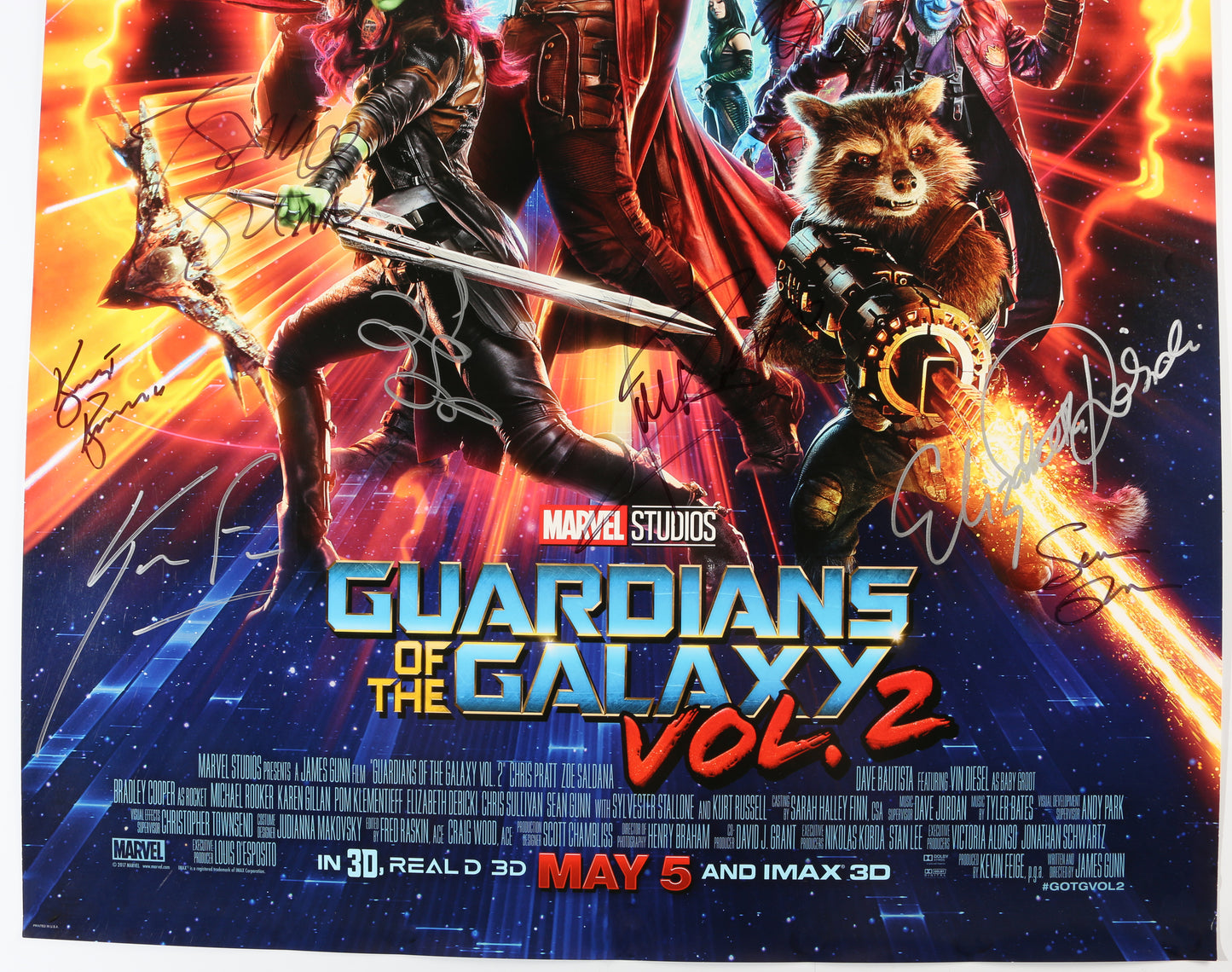 
                  
                    Guardians of the Galaxy Vol. 2 27x40 Poster Cast Signed by Chris Pratt, Vin Diesel, Dave Bautista, Zoe Saldaña, Sean Gunn, Karen Gillan, Michael Rooker, Pom Klementieff, Elizabeth Debicki, Kevin Feige, James Gunn, & Kurt Russell
                  
                