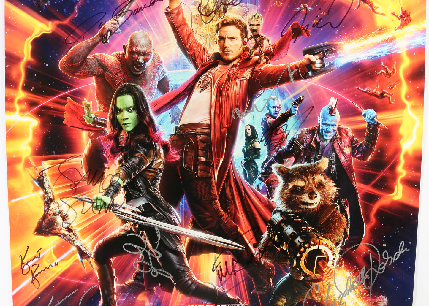 
                  
                    Guardians of the Galaxy Vol. 2 27x40 Poster Cast Signed by Chris Pratt, Vin Diesel, Dave Bautista, Zoe Saldaña, Sean Gunn, Karen Gillan, Michael Rooker, Pom Klementieff, Elizabeth Debicki, Kevin Feige, James Gunn, & Kurt Russell
                  
                