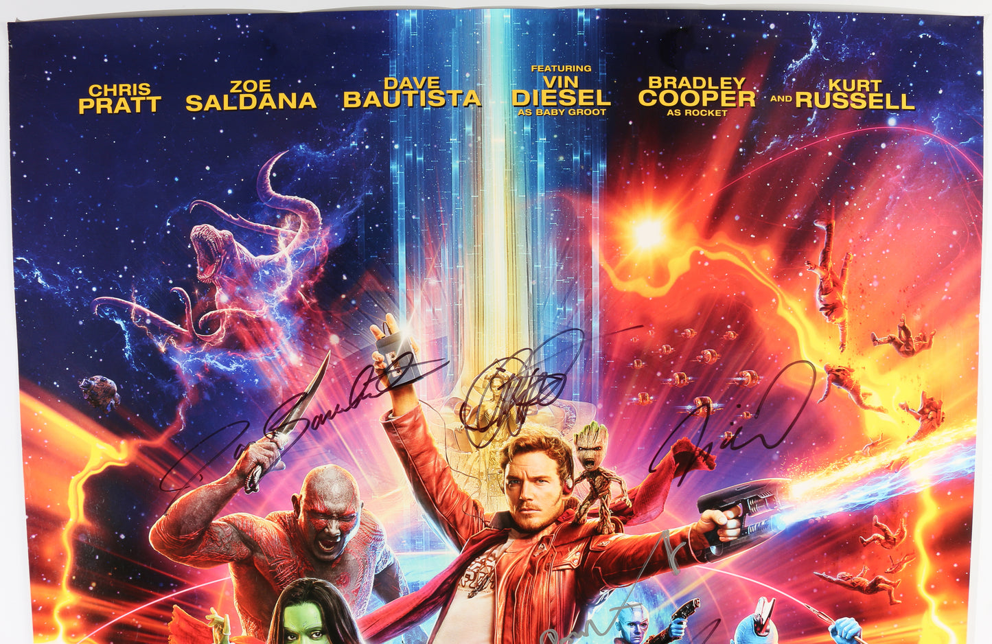 
                  
                    Guardians of the Galaxy Vol. 2 27x40 Poster Cast Signed by Chris Pratt, Vin Diesel, Dave Bautista, Zoe Saldaña, Sean Gunn, Karen Gillan, Michael Rooker, Pom Klementieff, Elizabeth Debicki, Kevin Feige, James Gunn, & Kurt Russell
                  
                