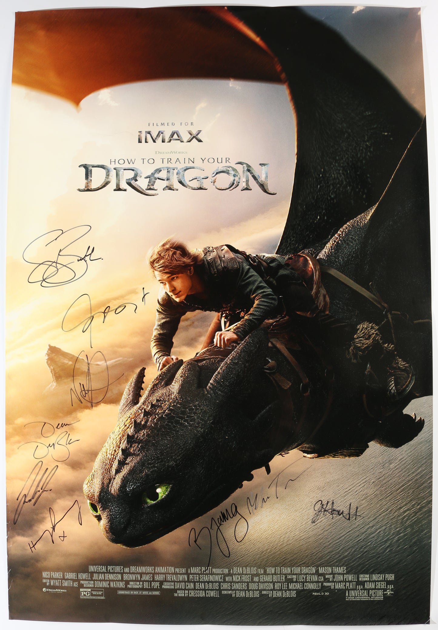 
                  
                    How to Train Your Dragon 27x40 Poster Cast Signed by Gerard Butler, Dean Deblois, Julian Dennison, Nick Frost, Bronwyn James, Nico Parker, Mason Thames, & Harry Trevaldwyn
                  
                