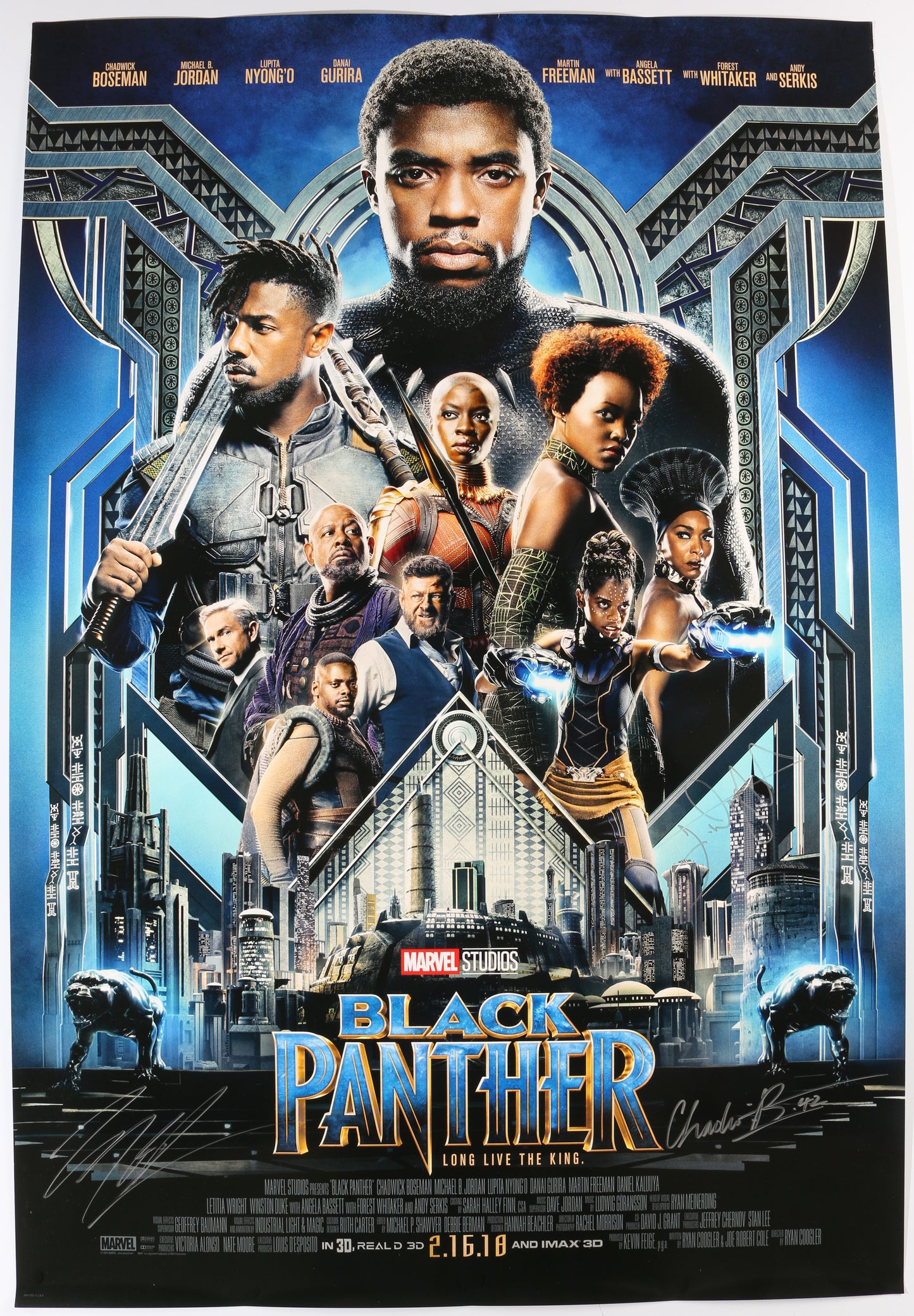
                  
                    Chadwick Boseman as T'Challa, Letitia Wright as Shuri, & Michael B. Jordan as Killmonger in Marvel's Black Panther Signed 27x40 Poster
                  
                