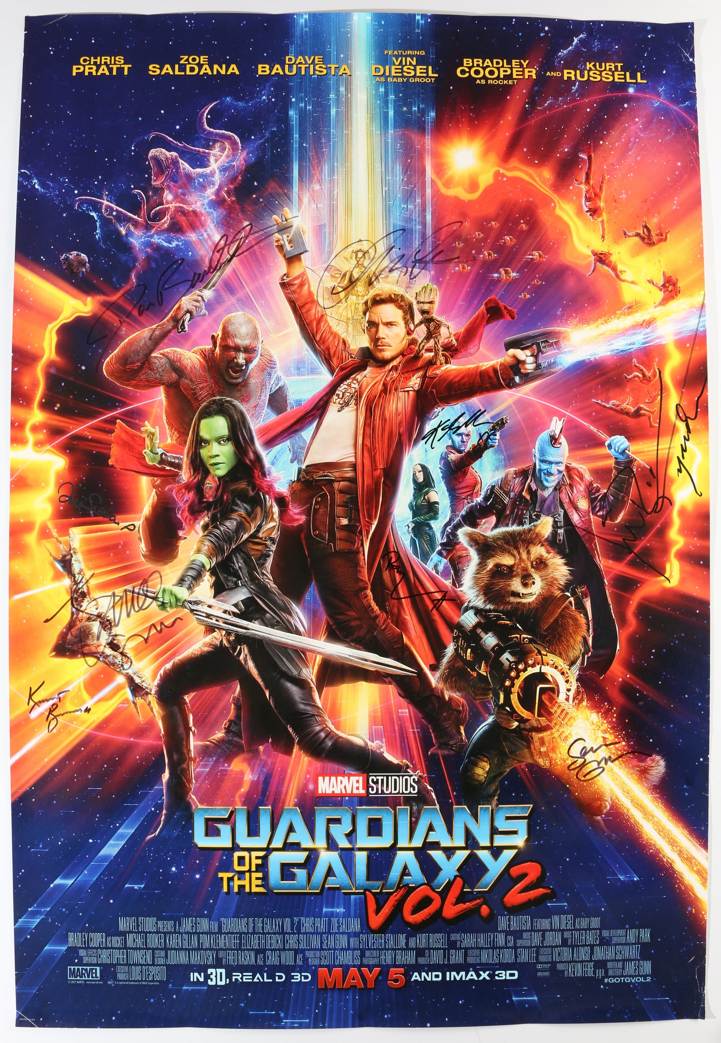 
                  
                    Guardians of the Galaxy Vol. 2 27x40 Poster (SWAU / Beckett Witnessed) Cast Signed by Chris Pratt, Zoe Saldaña, Dave Bautista, Sean Gunn, Karen Gillan, Michael Rooker, Pom Klementieff, James Gunn, & Kurt Russell
                  
                