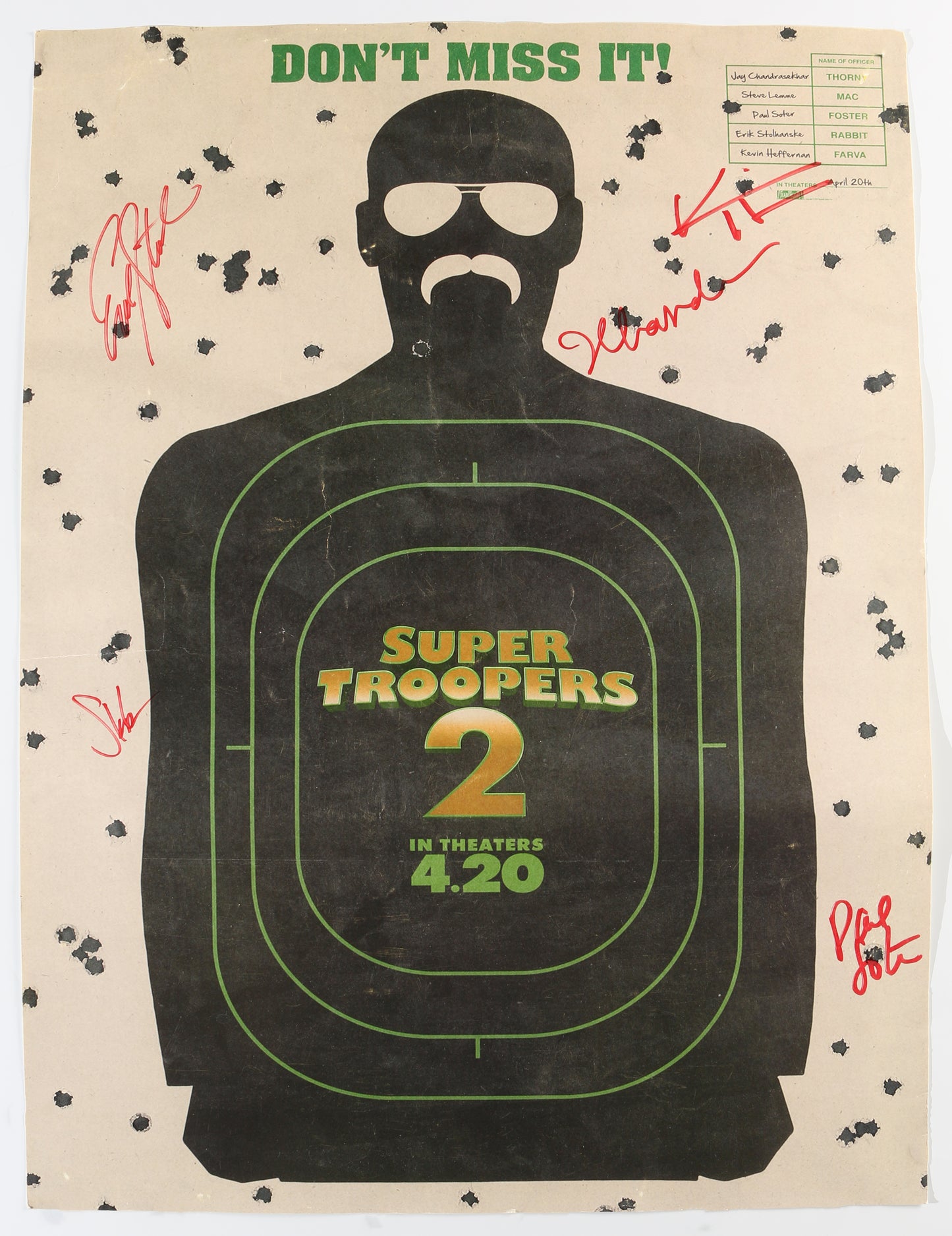 
                  
                    Super Troopers 2 18x24 Poster Cast Signed by Jay Chandrasekhar, Kevin Hefferman, Steve Lemme, & Paul Soter
                  
                