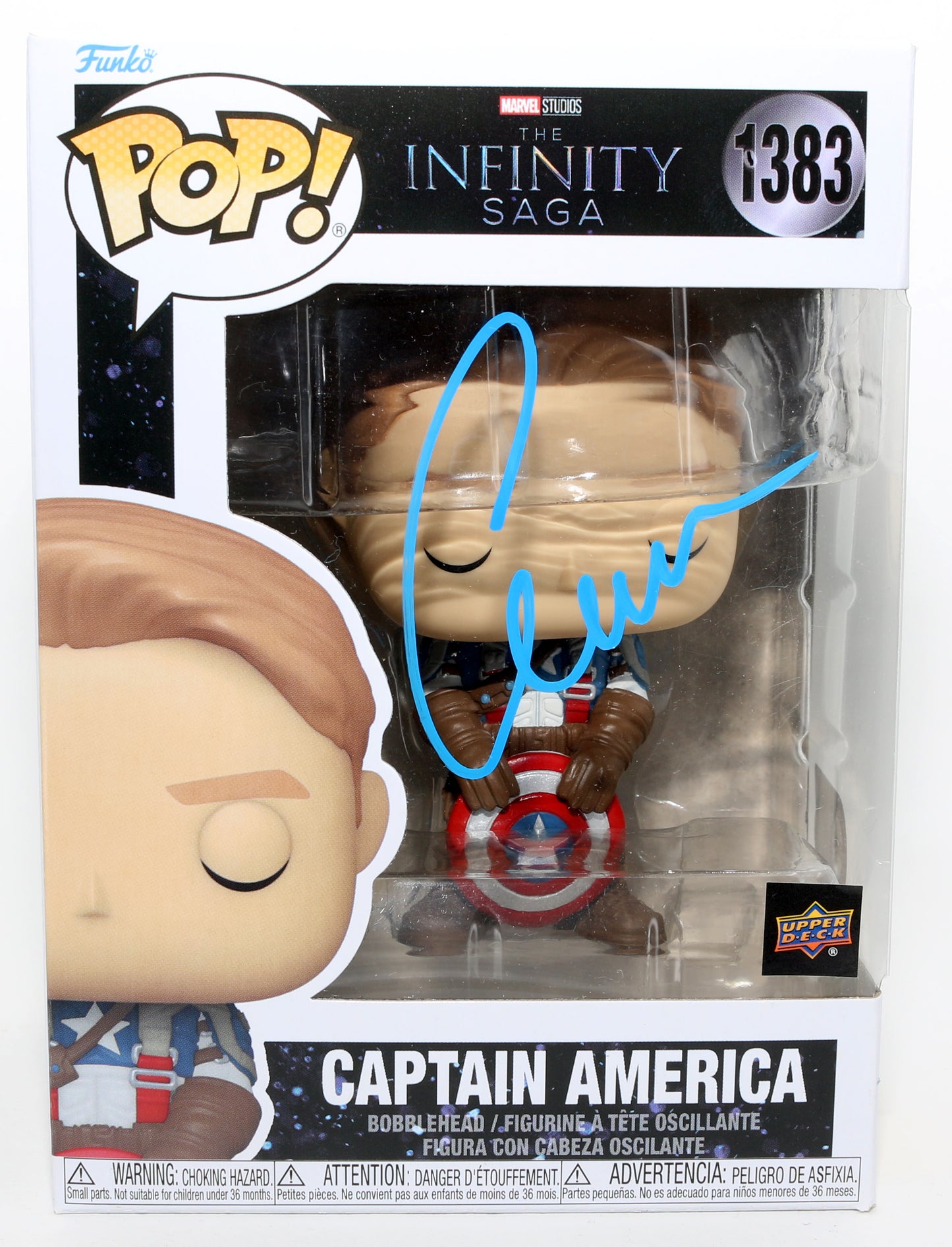 
                  
                    Chris Evans as Captain America in The Infinity Saga Upper Deck Exclusive (SWAU) Signed Funko POP! #1383
                  
                