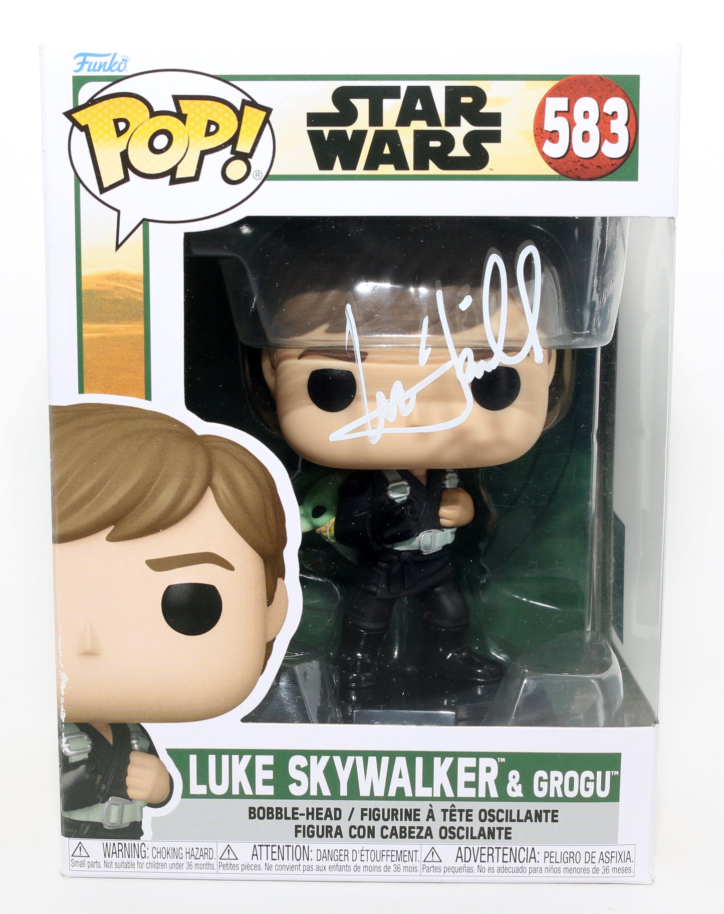 
                  
                    Mark Hamill as Luke Skywalker with Grogu in Star Wars: The Book of Boba Fett (Official Pix) Signed Funko POP! #583
                  
                