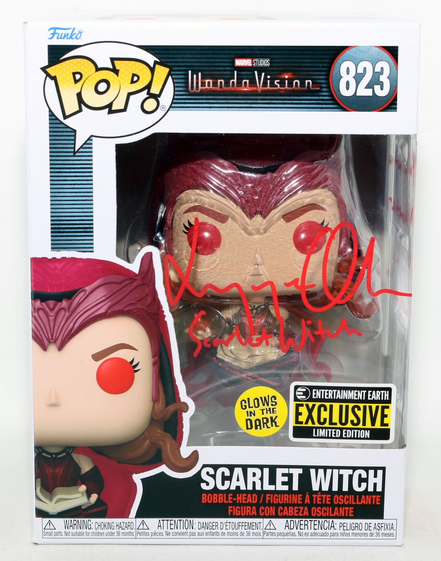 
                  
                    Elizabeth Olsen as Scarlet Witch in WandaVision GITD Earth Entertrainment Exclusive (Beckett Witnessed) Signed Funko POP! #823 with Character Name & Quote
                  
                
