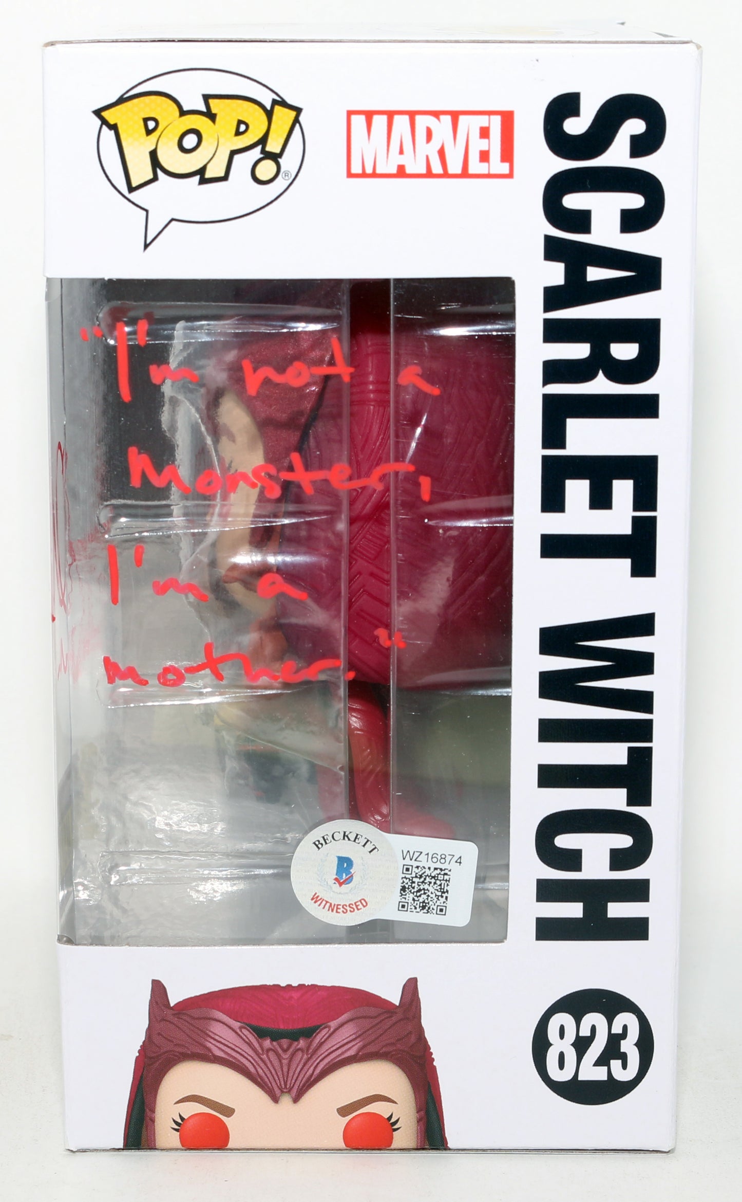 
                  
                    Elizabeth Olsen as Scarlet Witch in WandaVision GITD Earth Entertrainment Exclusive (Beckett Witnessed) Signed Funko POP! #823 with Character Name & Quote
                  
                