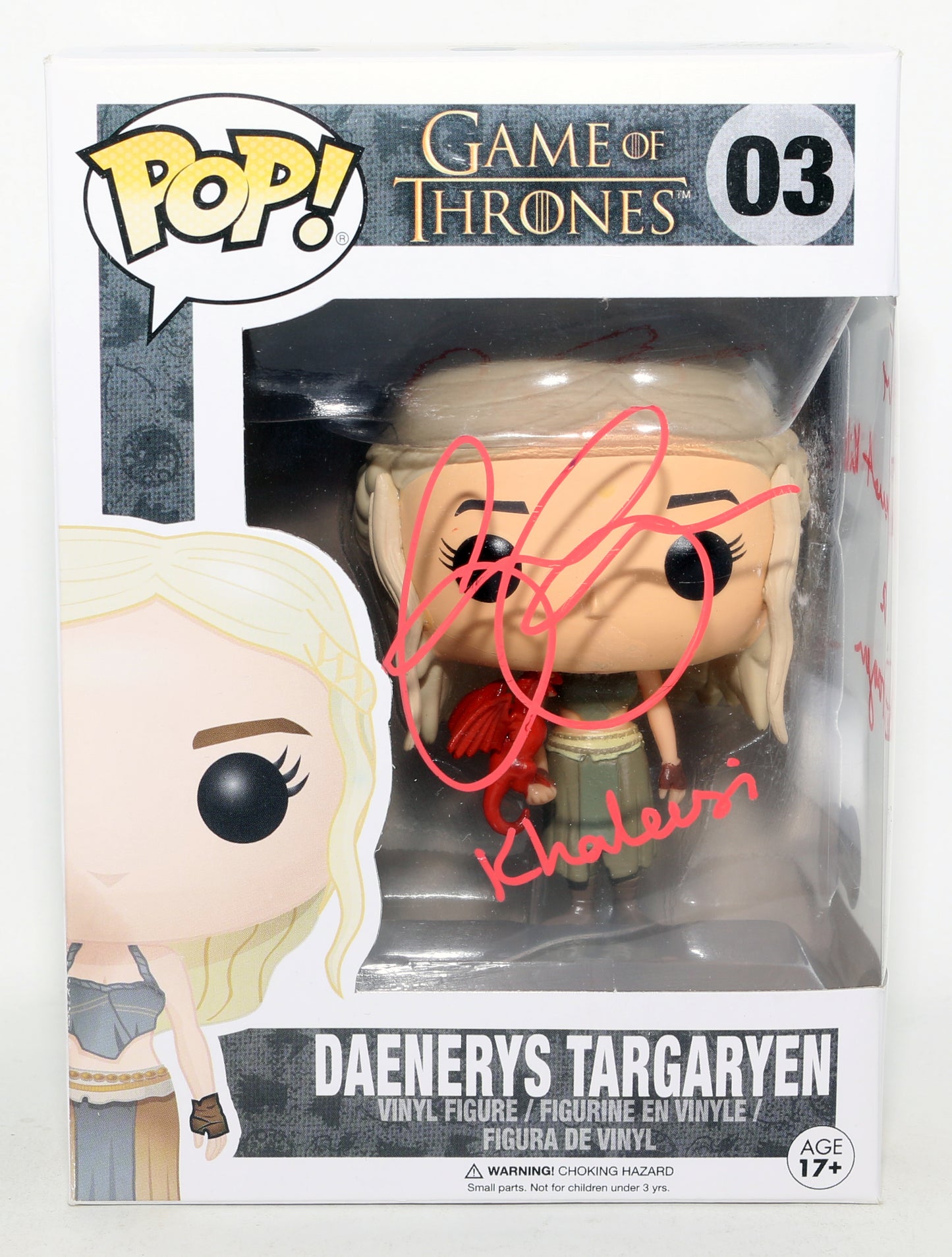
                  
                    Emilia Clarke as Daenerys Targaryen in Game of Thrones (Beckett) Signed Funko POP! #03 with Character Name & Quote
                  
                