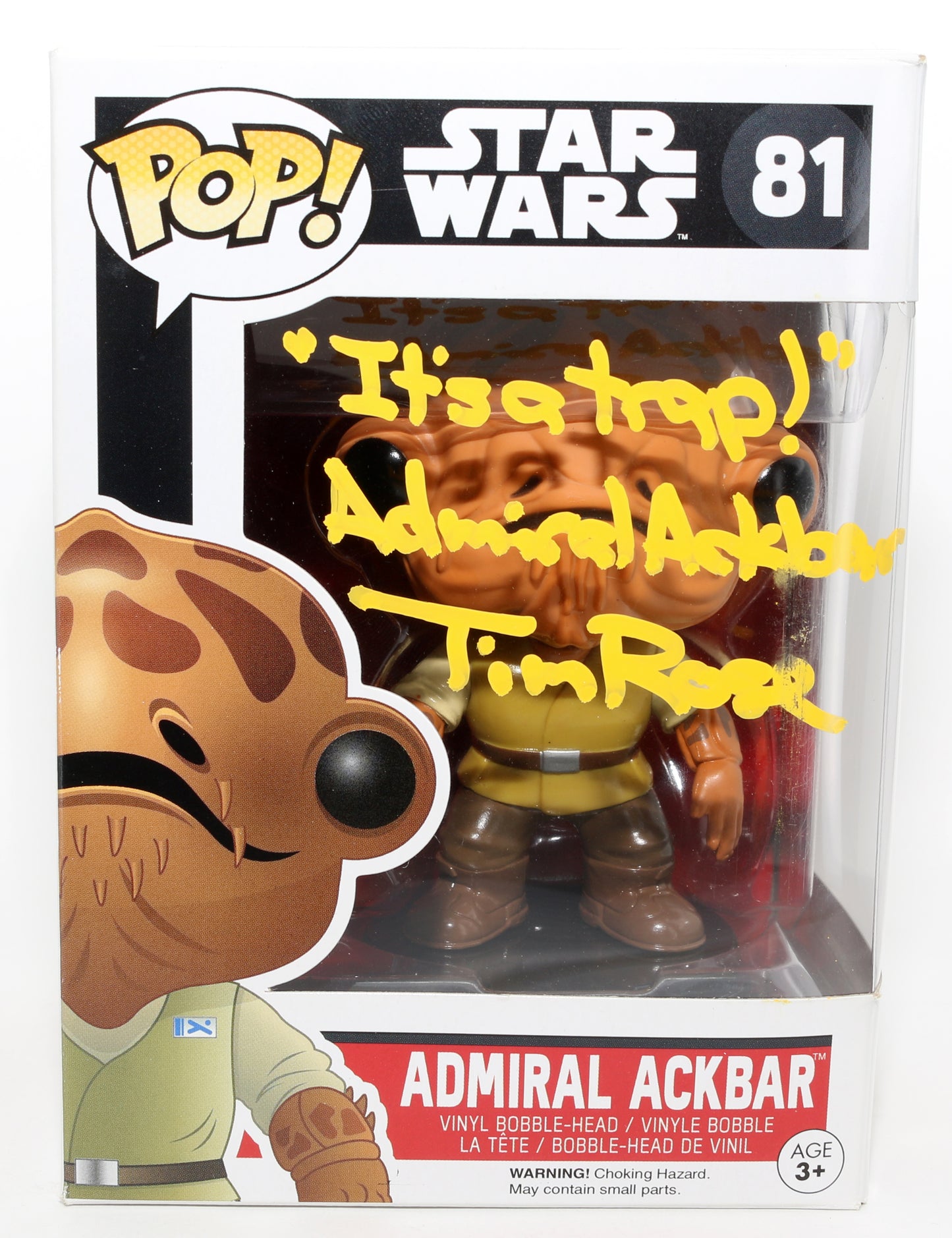 
                  
                    Tim Rose as Admiral Ackbar in Star Wars: Return of the Jedi Signed Funko POP! #81 with Character Name & Quote
                  
                