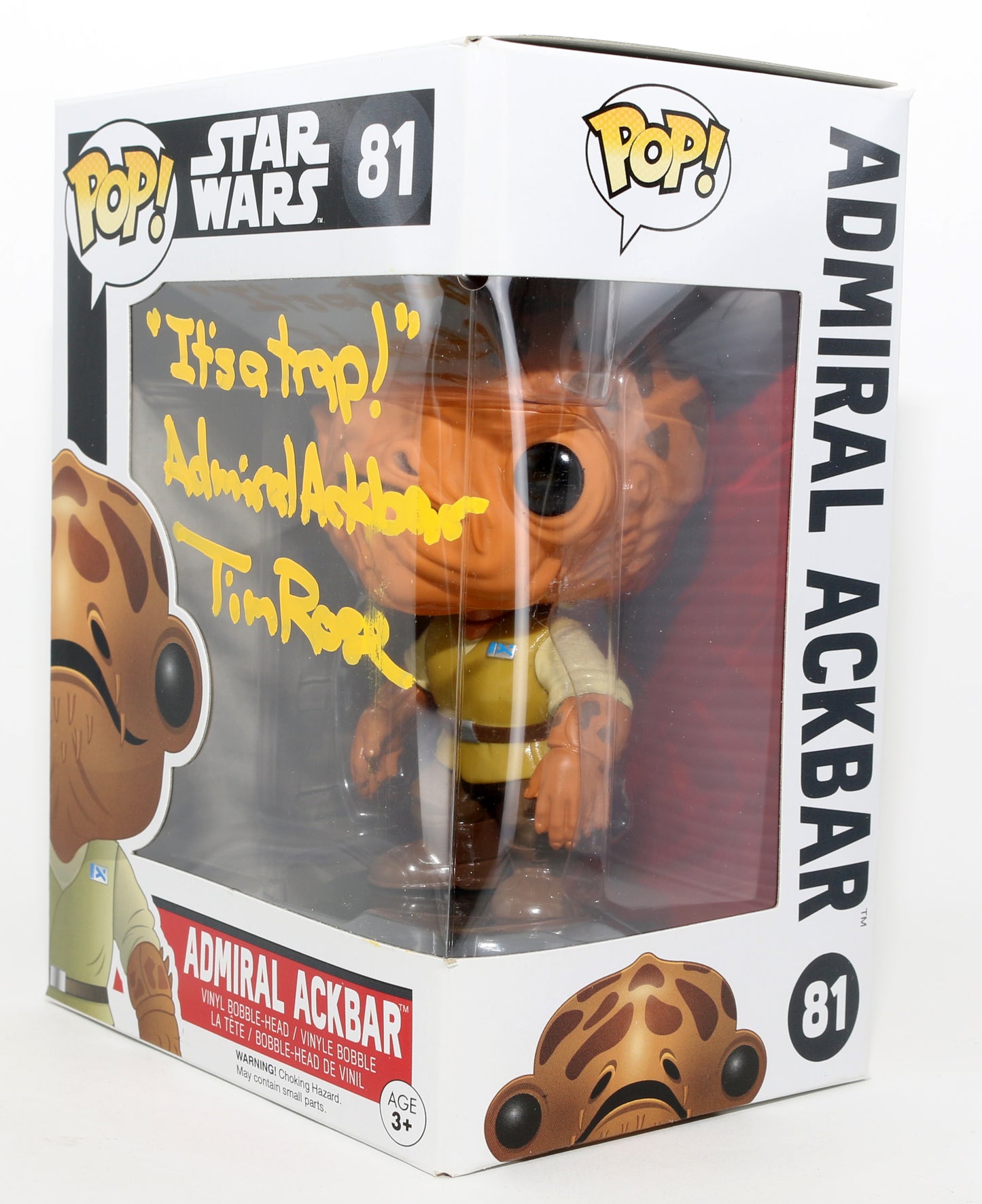 
                  
                    Tim Rose as Admiral Ackbar in Star Wars: Return of the Jedi Signed Funko POP! #81 with Character Name & Quote
                  
                