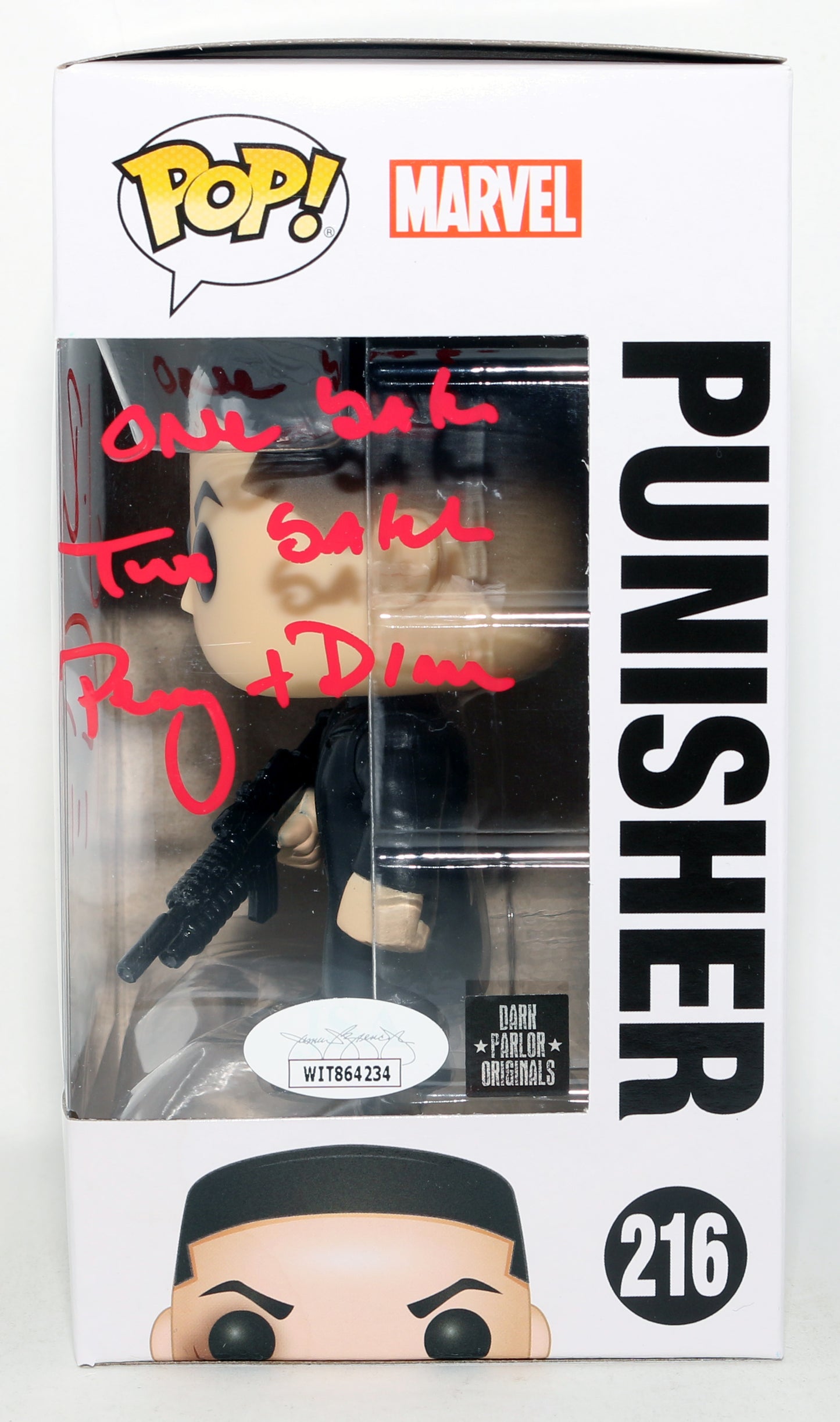 
                  
                    Jon Bernthal as The Punisher in Daredevil (JSA) Signed Funko POP! #216 with Quote & Remark
                  
                