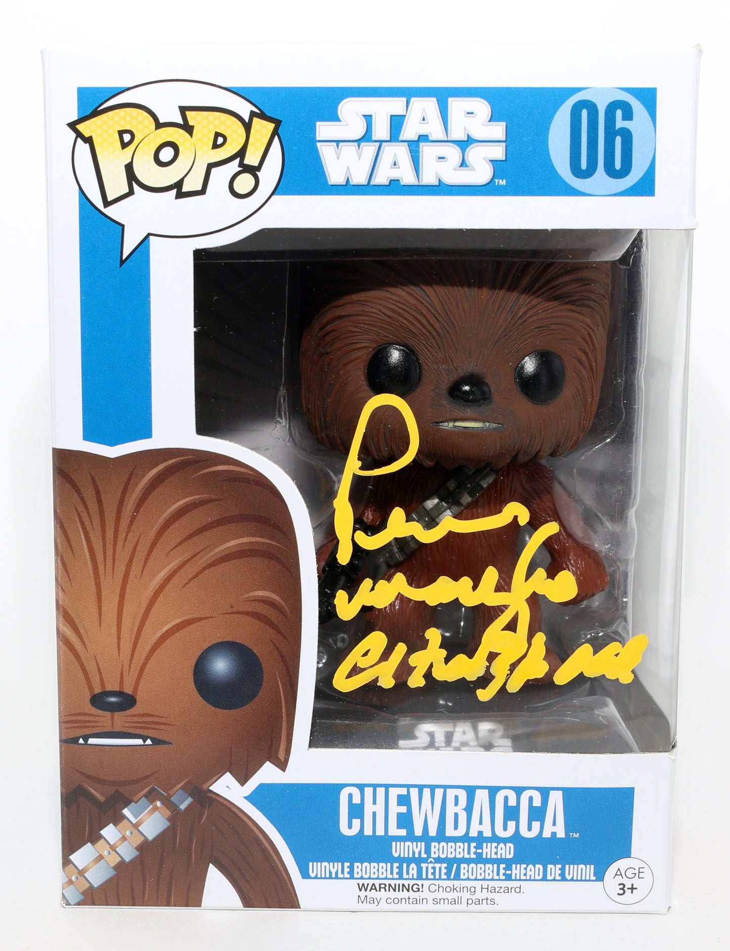
                  
                    Peter Mayhew as Chewbacca in Star Wars (Star Wars Topps Authentics) Signed Funko POP! #06 with Character Name
                  
                