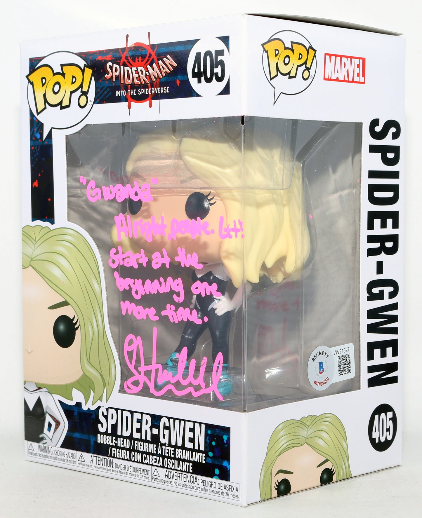 
                  
                    Hailee Steinfeld as Spider-Gwen Stacy in Spider-Man: Into the Spider-Verse (Beckett) Signed Funko POP! #405 with Character Name & Quote
                  
                