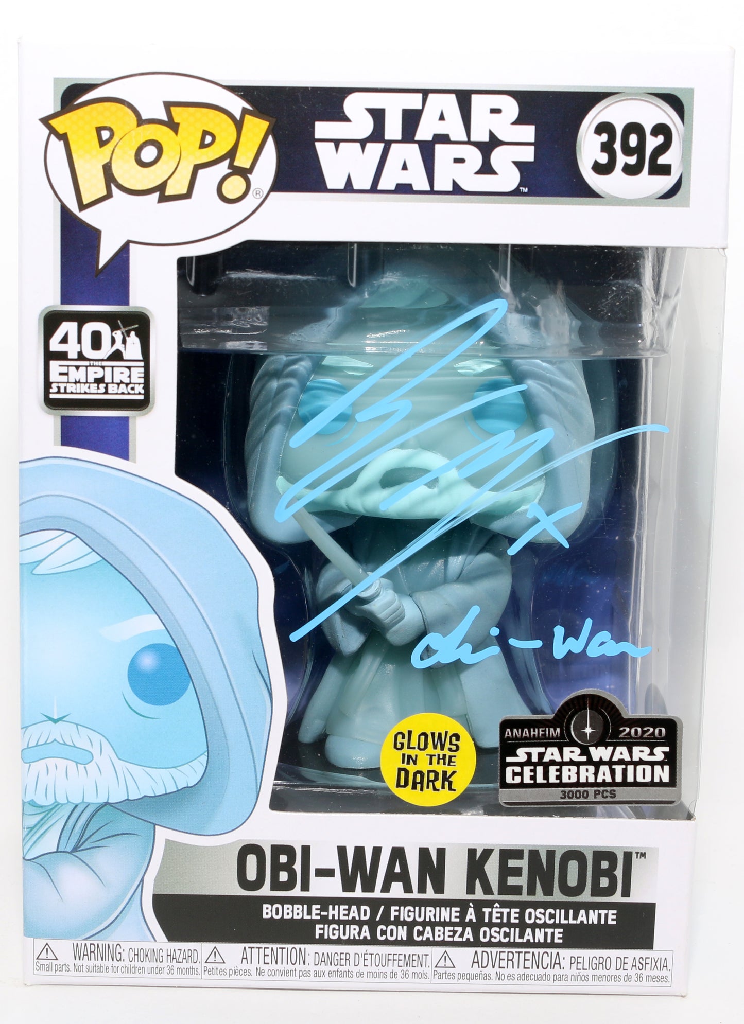 
                  
                    Ewan McGregor as Obi-Wan Kenobi Force Ghost in Star Wars GITD 2020 40th Anniversary Exclusive Limited to 3000 Pieces Signed Funko POP! #392 with Character Name - Grail
                  
                