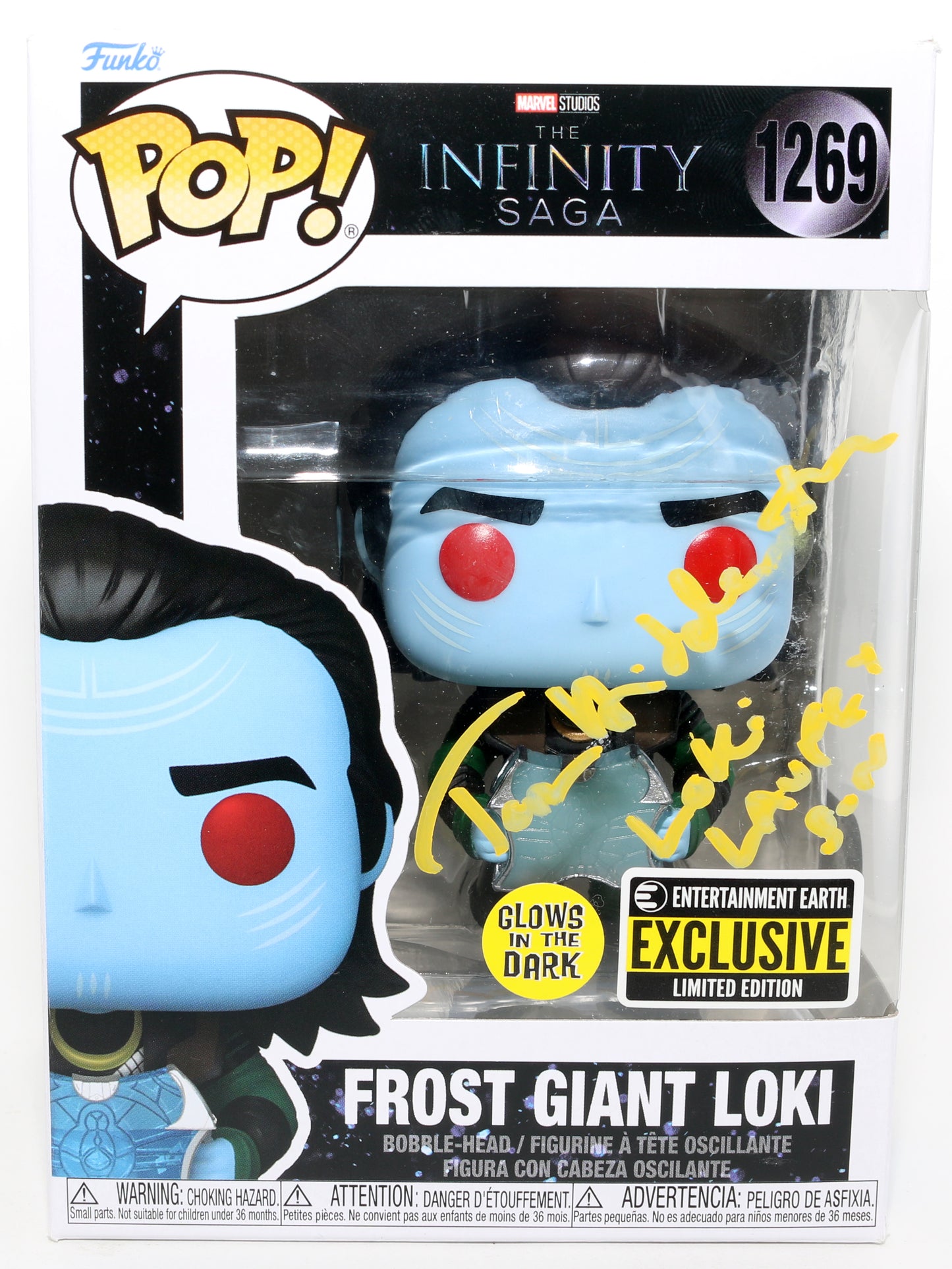 
                  
                    Tom Hiddleston as Frost Giant Loki in The Infinity Saga GITD Entertainment Earth Exclusive (SWAU) Signed Funko POP! #1269 with Character Name
                  
                