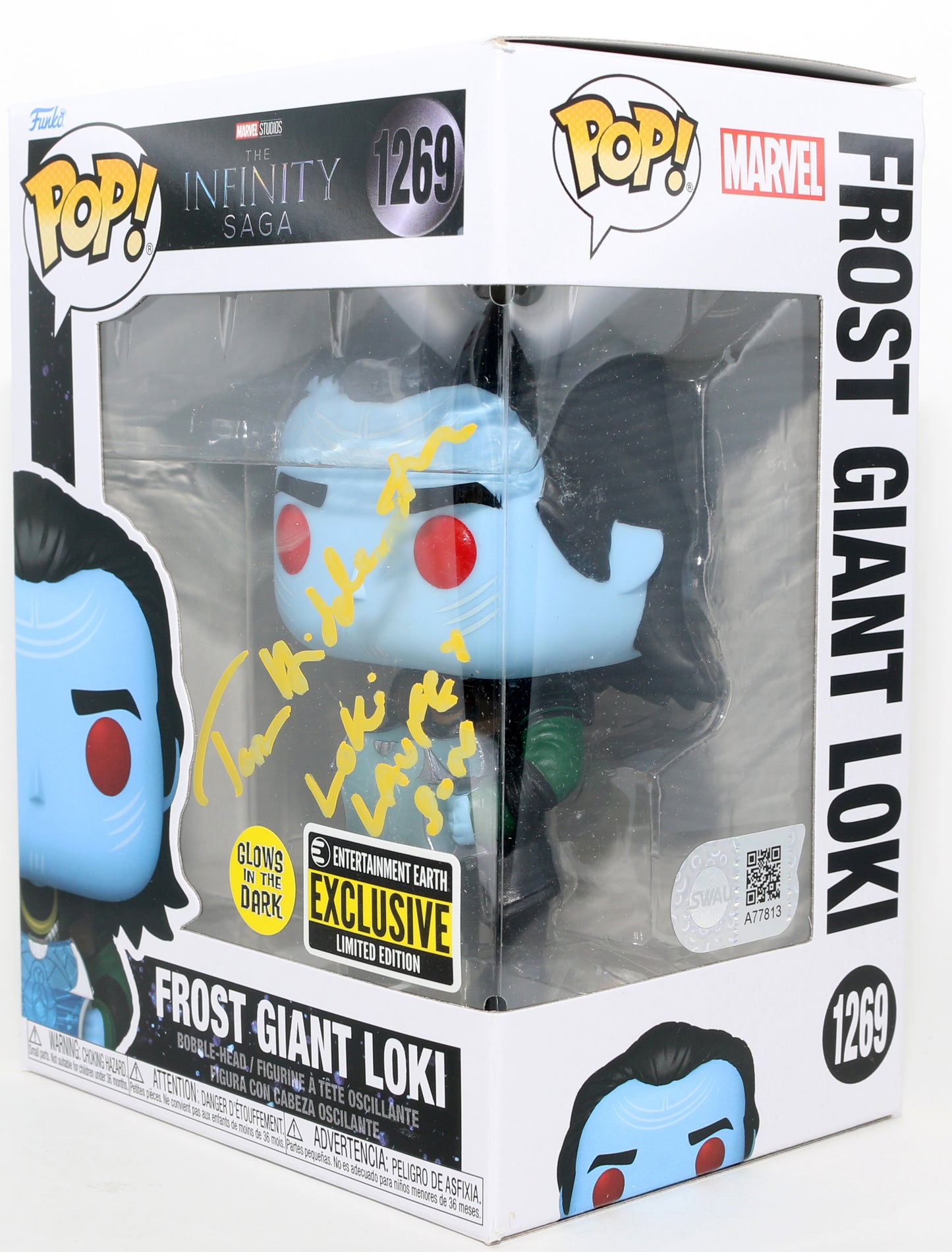 
                  
                    Tom Hiddleston as Frost Giant Loki in The Infinity Saga GITD Entertainment Earth Exclusive (SWAU) Signed Funko POP! #1269 with Character Name
                  
                