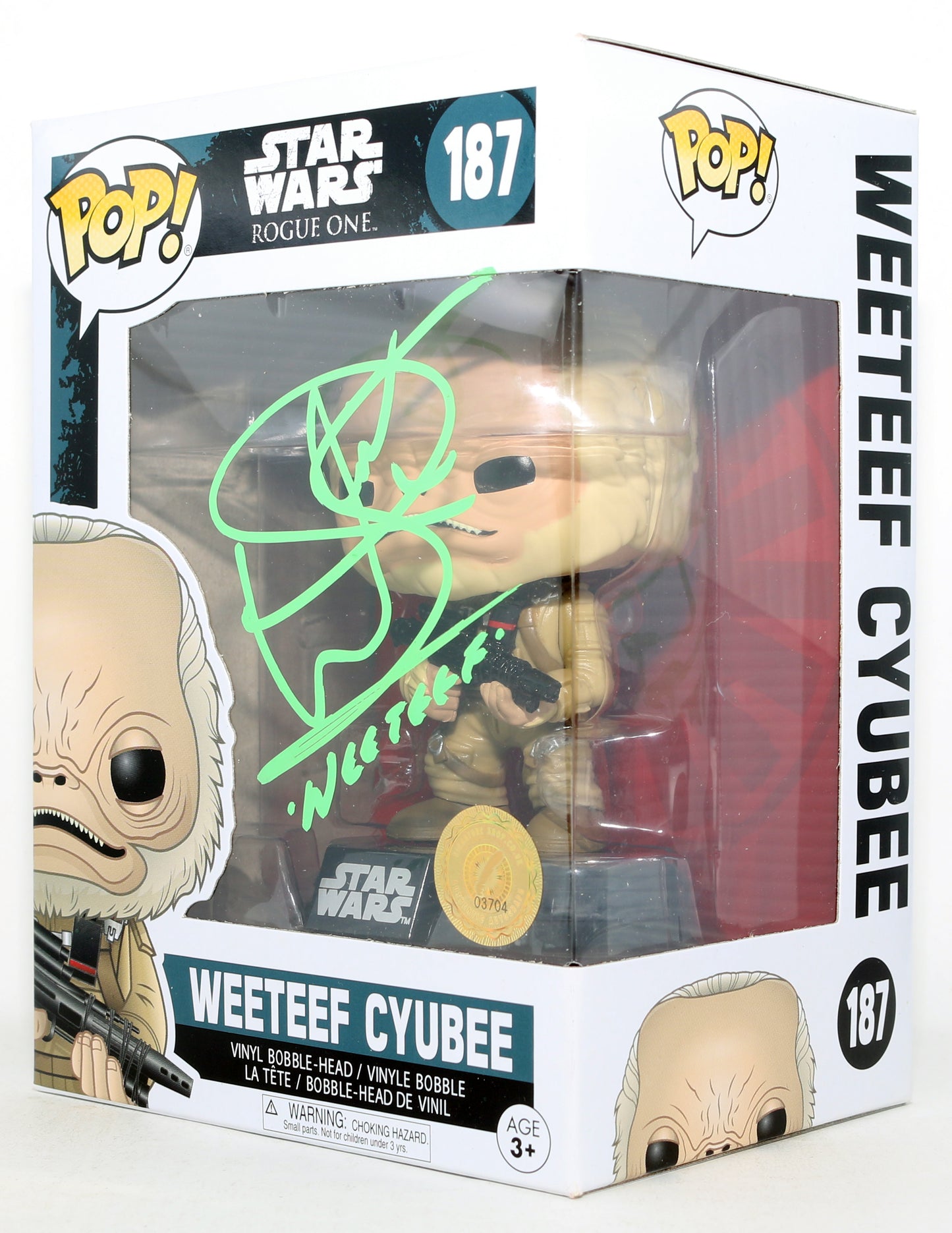 
                  
                    Warwick Davis as Weeteef Cyubee in Rogue One: A Star Wars Story Signed Funko POP! #187 with Character Name
                  
                