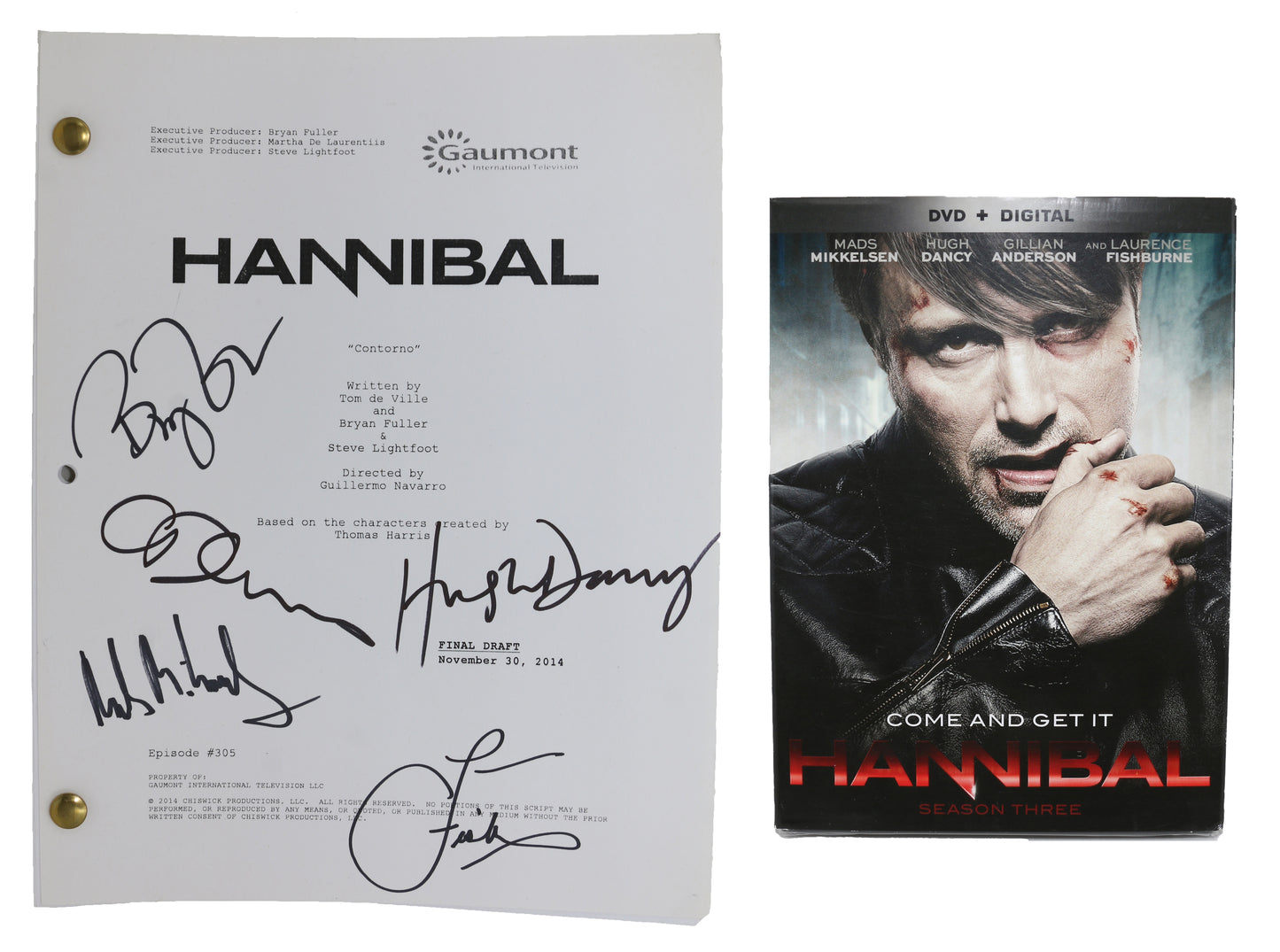 
                  
                    Hannibal Horror TV Show DVD & Original Production Script from the Studio Signed by Showrunner: Bryan Fuller & Actors: Mads Mikkelsen, Hugh Dancy, Caroline Dhavernas, & Laurence Fishburne - 2014
                  
                