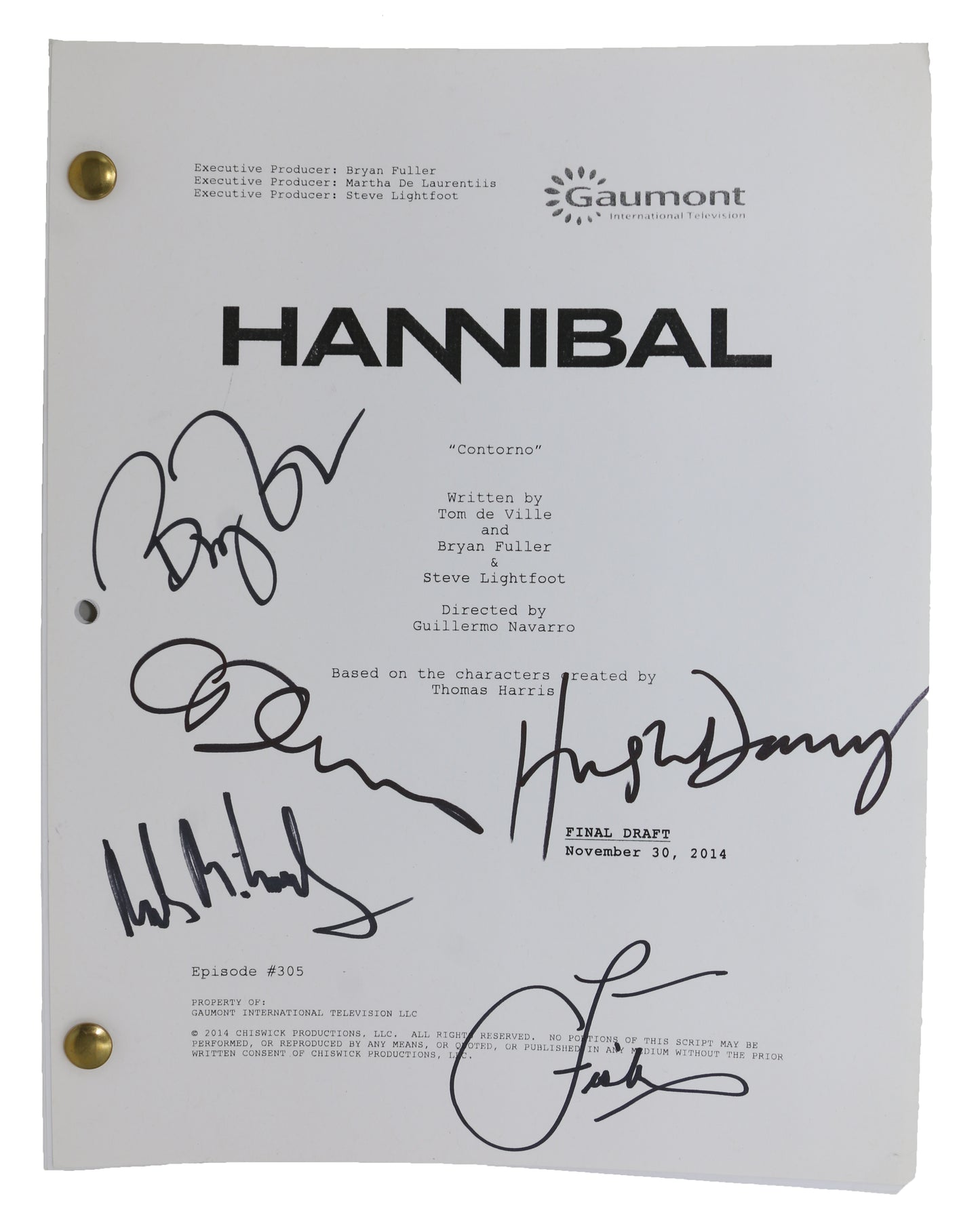 
                  
                    Hannibal Horror TV Show DVD & Original Production Script from the Studio Signed by Showrunner: Bryan Fuller & Actors: Mads Mikkelsen, Hugh Dancy, Caroline Dhavernas, & Laurence Fishburne - 2014
                  
                