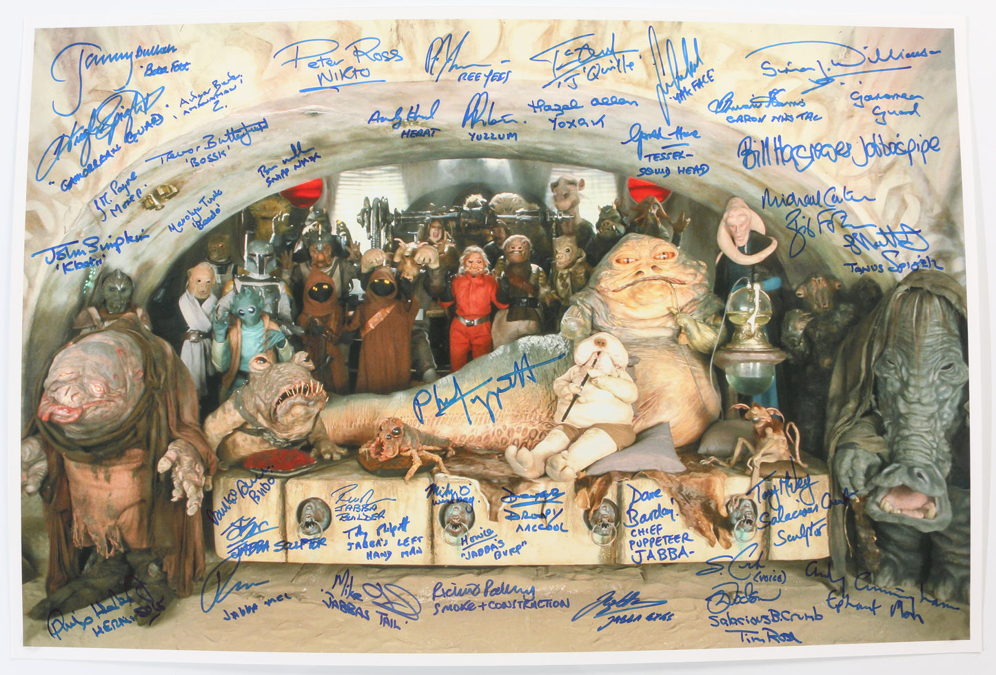 
                  
                    Jabba's Palace Signing Project from Star Wars: Return of the Jedi Limited Edition #11 / 71 16x24 Poster Signed by 39 Actors & Behind the Scenes Creators - Rare
                  
                
