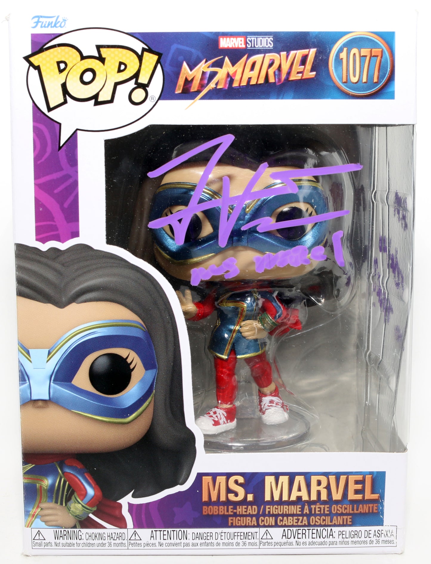 
                  
                    Iman Vellani as Kamala Khan in Ms. Marvel (JSA) Signed Funko POP! #1077 with Character Name & Quote
                  
                