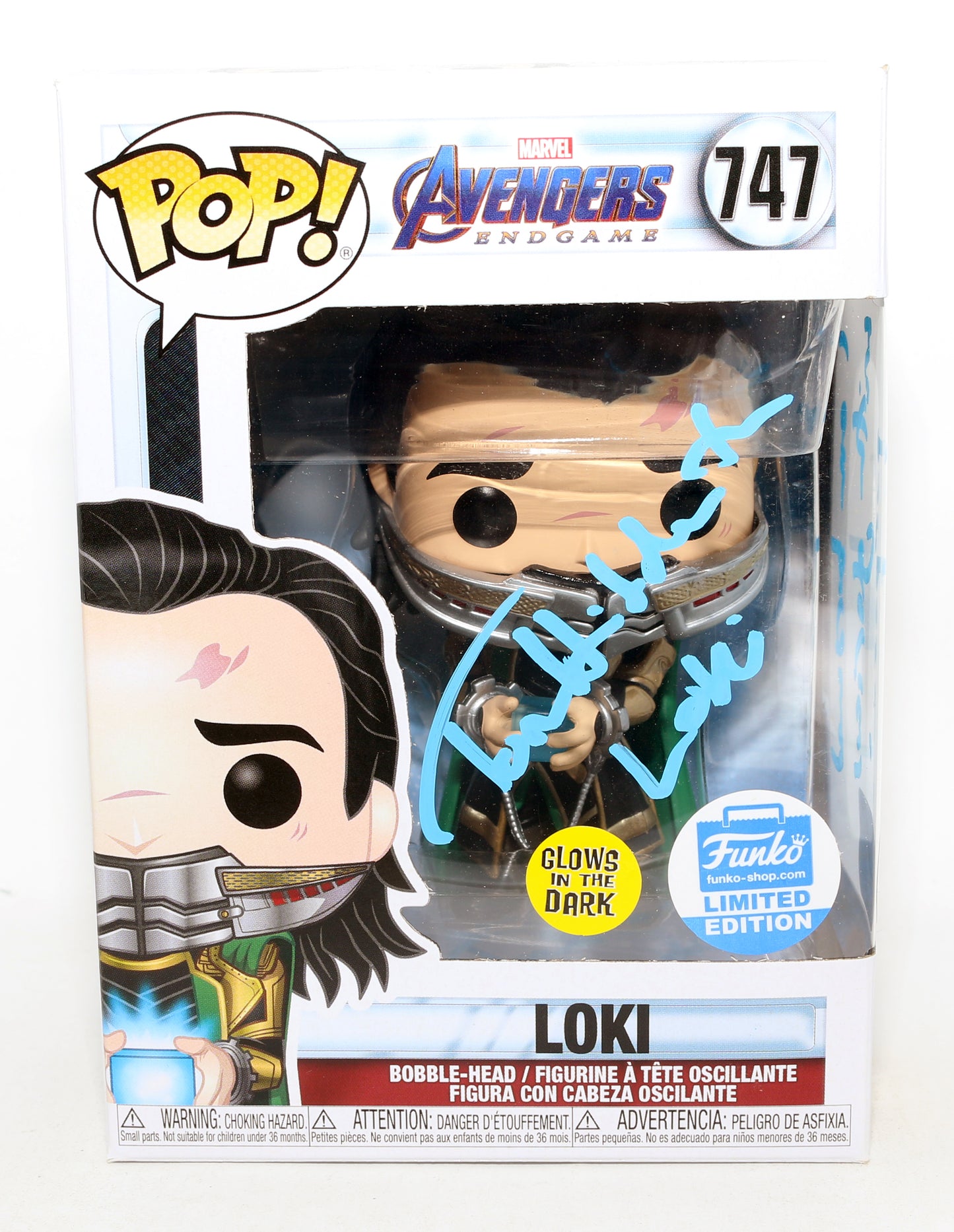 
                  
                    Tom Hiddleston as Loki in Avengers: Endgame GITD Funko Store Limited Edition (SWAU) Signed Funko POP! #747 with Character Name & Quote
                  
                