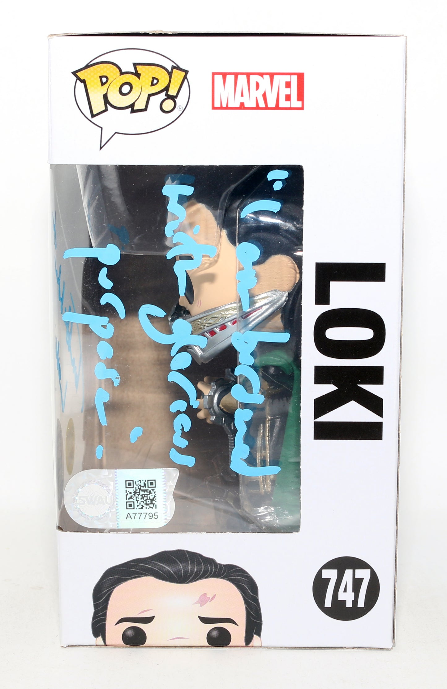 
                  
                    Tom Hiddleston as Loki in Avengers: Endgame GITD Funko Store Limited Edition (SWAU) Signed Funko POP! #747 with Character Name & Quote
                  
                