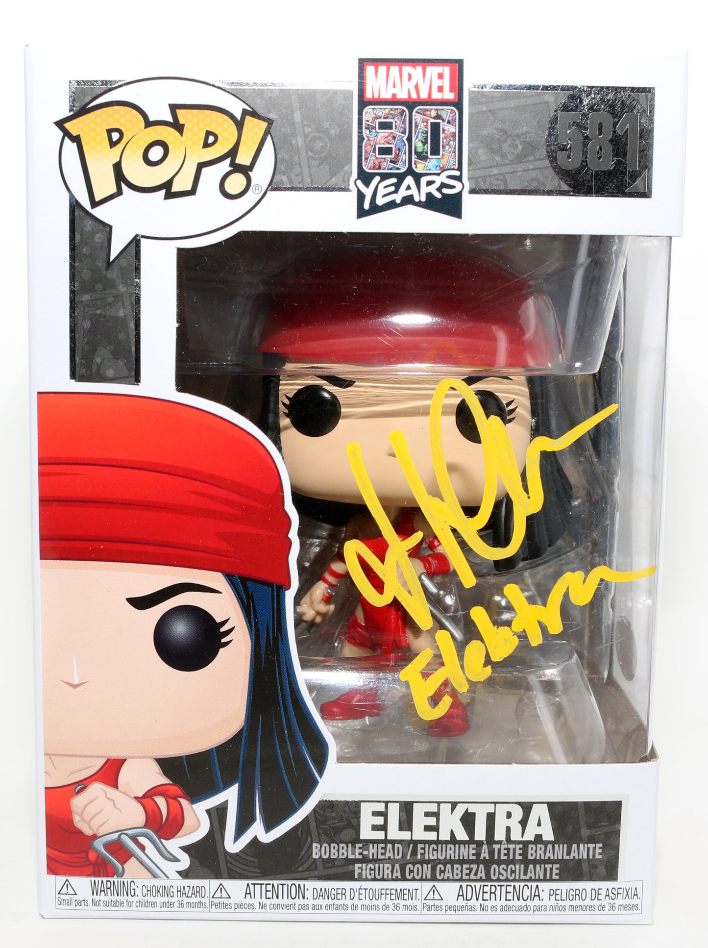 
                  
                    Jennifer Garner as Elektra Natchios in Daredevil (JSA) Signed Funko POP! #581 with Character Name
                  
                