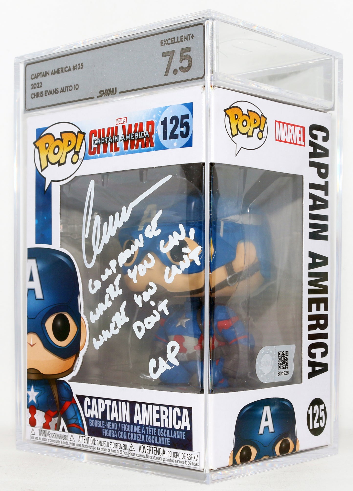 
                  
                    Chris Evans as Captain America in Captain America: Civil War (SWAU Encapsulated Grade 7.5 / Auto 10) Signed Funko POP! #125 with Character Name & Quote
                  
                