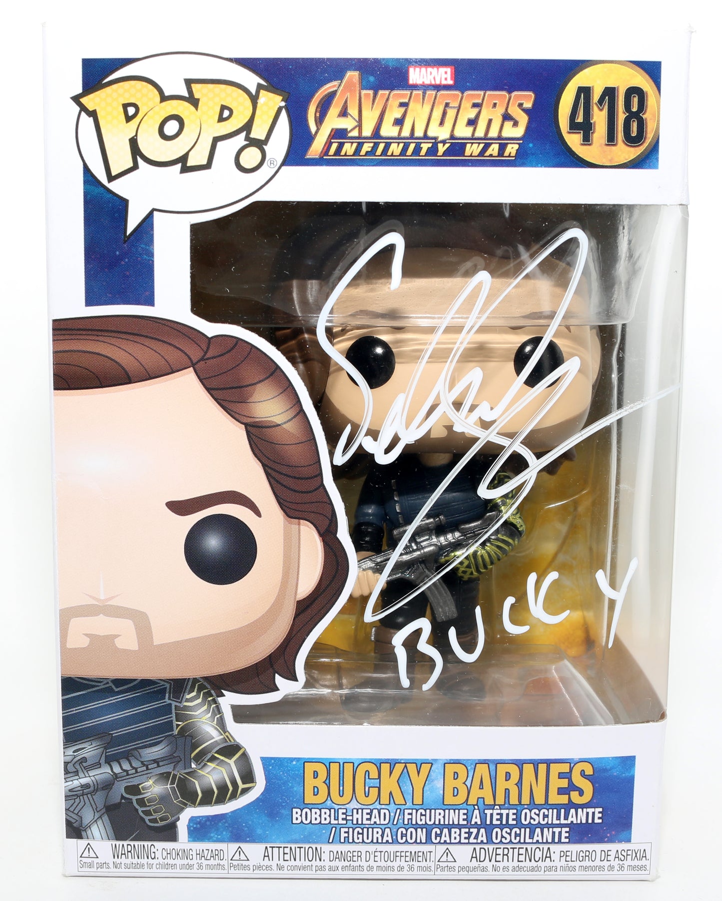 
                  
                    Sebastian Stan as Bucky Barnes in Avengers: Infinity War Signed Funko POP! #418 with Character Name
                  
                