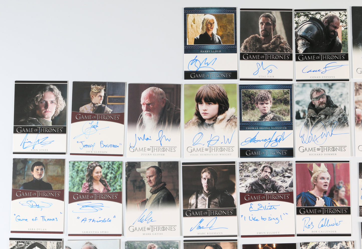 
                  
                    Game of Thrones Rittenhouse Trading Cards 82pc LOT Signed by Peter Dinklage, Emilia Clarke, Kit Harington, Jack Gleeson, Maisie Williams, Nikolaj Coster-Waldau, Sophie Turner, Lena Heady, & More with Character Names & Quotes
                  
                