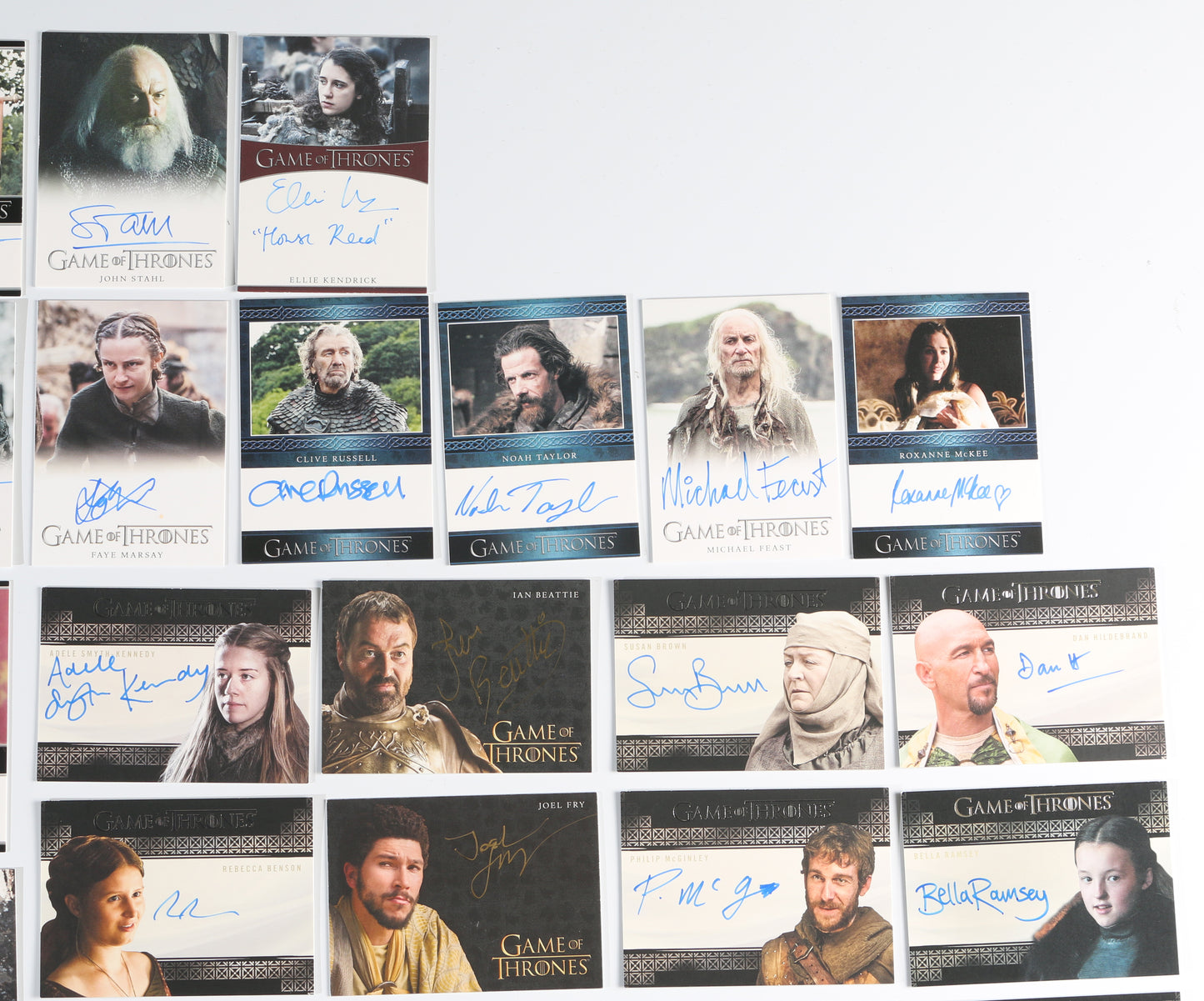 
                  
                    Game of Thrones Rittenhouse Trading Cards 82pc LOT Signed by Peter Dinklage, Emilia Clarke, Kit Harington, Jack Gleeson, Maisie Williams, Nikolaj Coster-Waldau, Sophie Turner, Lena Heady, & More with Character Names & Quotes
                  
                
