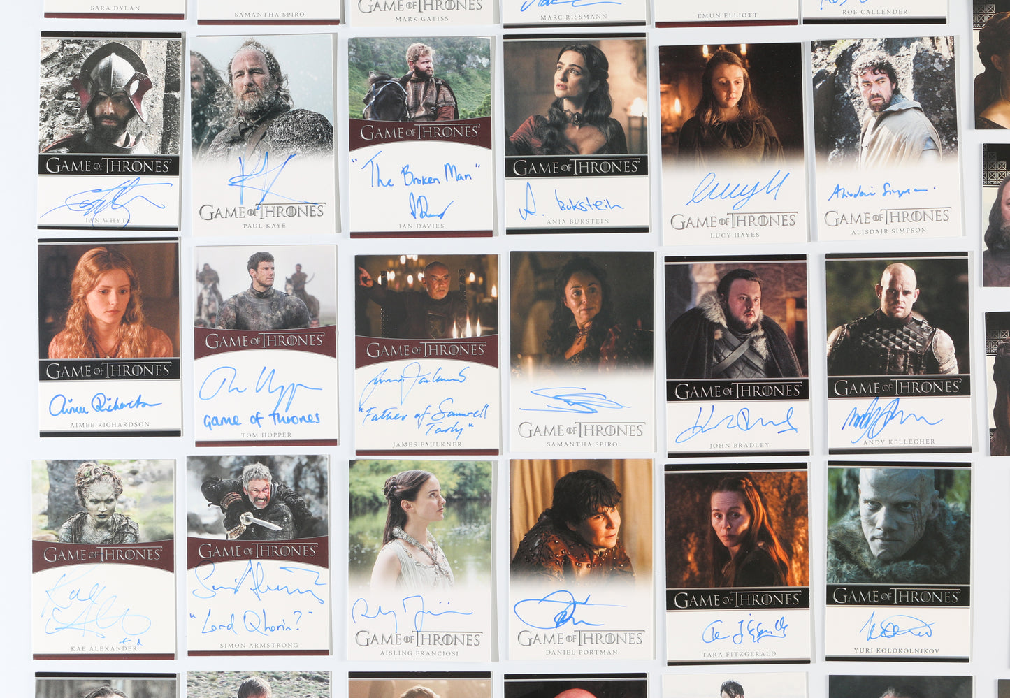 
                  
                    Game of Thrones Rittenhouse Trading Cards 82pc LOT Signed by Peter Dinklage, Emilia Clarke, Kit Harington, Jack Gleeson, Maisie Williams, Nikolaj Coster-Waldau, Sophie Turner, Lena Heady, & More with Character Names & Quotes
                  
                