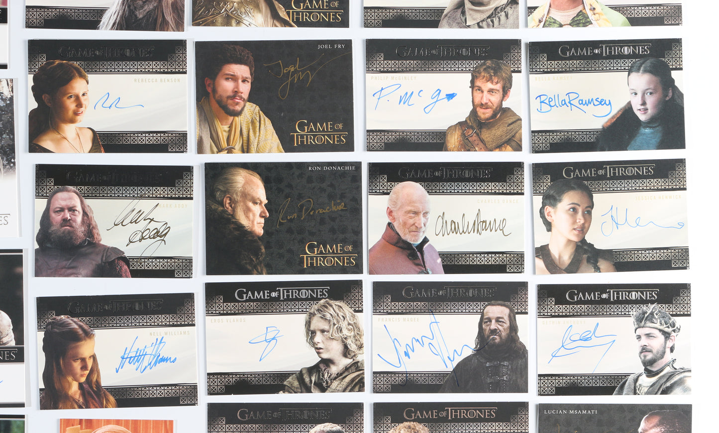 
                  
                    Game of Thrones Rittenhouse Trading Cards 82pc LOT Signed by Peter Dinklage, Emilia Clarke, Kit Harington, Jack Gleeson, Maisie Williams, Nikolaj Coster-Waldau, Sophie Turner, Lena Heady, & More with Character Names & Quotes
                  
                