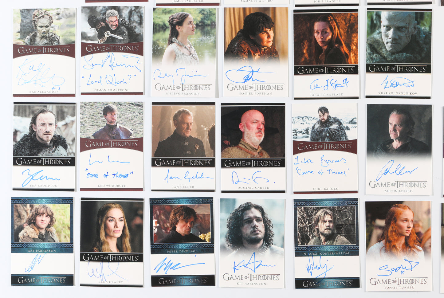 
                  
                    Game of Thrones Rittenhouse Trading Cards 82pc LOT Signed by Peter Dinklage, Emilia Clarke, Kit Harington, Jack Gleeson, Maisie Williams, Nikolaj Coster-Waldau, Sophie Turner, Lena Heady, & More with Character Names & Quotes
                  
                