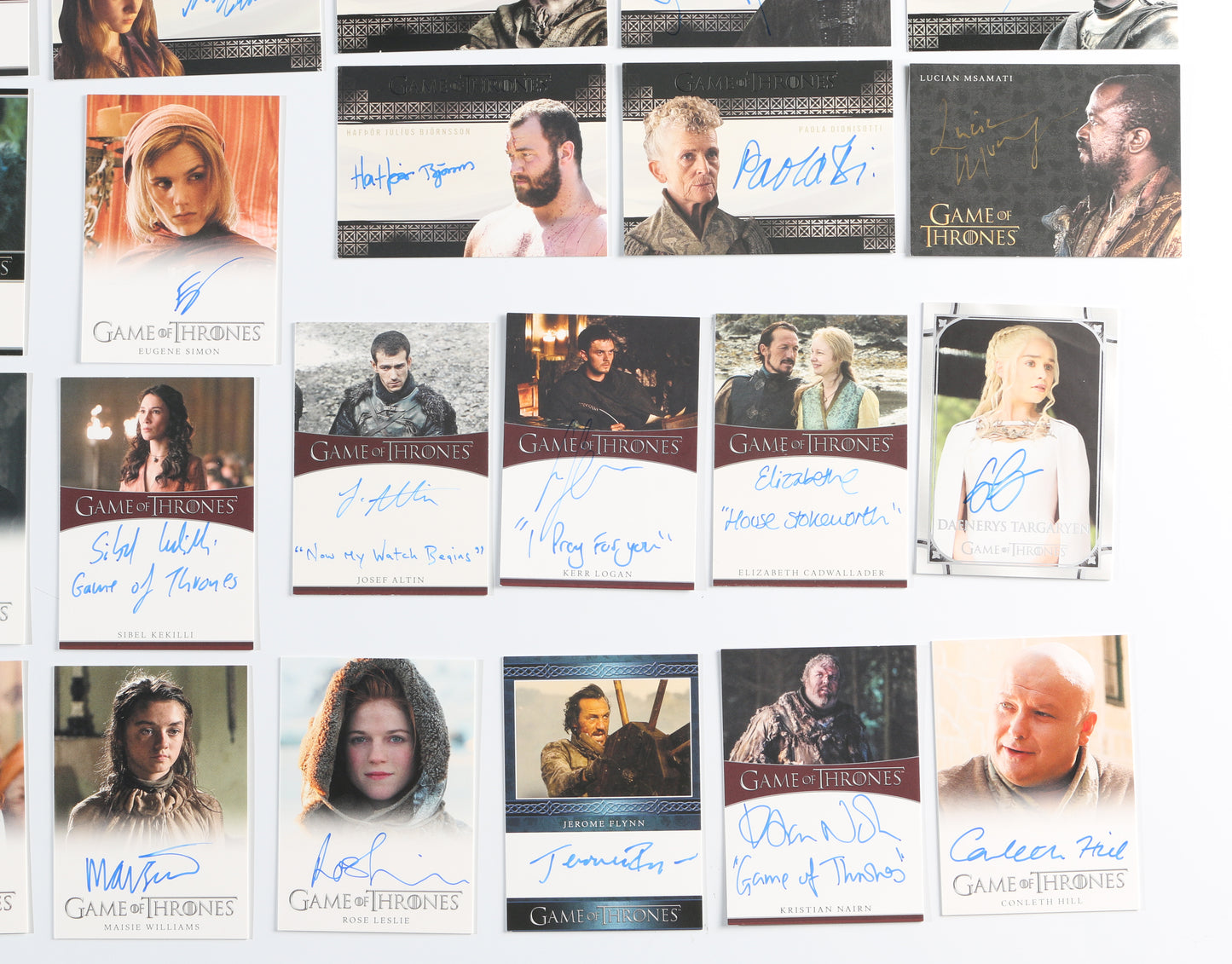 
                  
                    Game of Thrones Rittenhouse Trading Cards 82pc LOT Signed by Peter Dinklage, Emilia Clarke, Kit Harington, Jack Gleeson, Maisie Williams, Nikolaj Coster-Waldau, Sophie Turner, Lena Heady, & More with Character Names & Quotes
                  
                