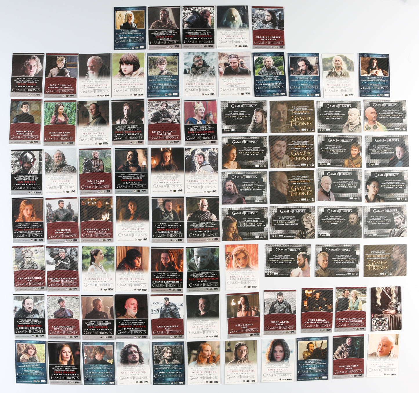 
                  
                    Game of Thrones Rittenhouse Trading Cards 82pc LOT Signed by Peter Dinklage, Emilia Clarke, Kit Harington, Jack Gleeson, Maisie Williams, Nikolaj Coster-Waldau, Sophie Turner, Lena Heady, & More with Character Names & Quotes
                  
                