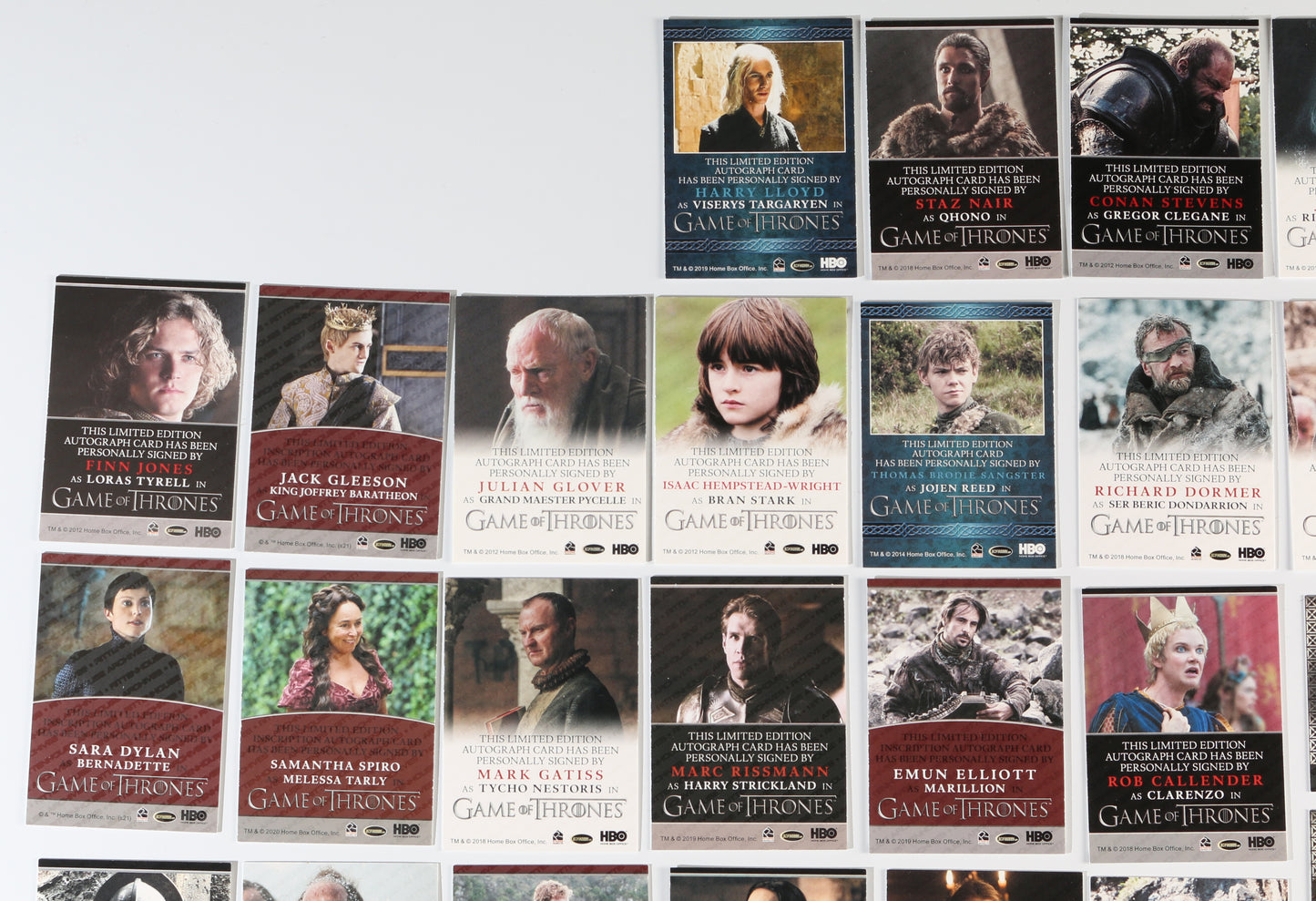
                  
                    Game of Thrones Rittenhouse Trading Cards 82pc LOT Signed by Peter Dinklage, Emilia Clarke, Kit Harington, Jack Gleeson, Maisie Williams, Nikolaj Coster-Waldau, Sophie Turner, Lena Heady, & More with Character Names & Quotes
                  
                