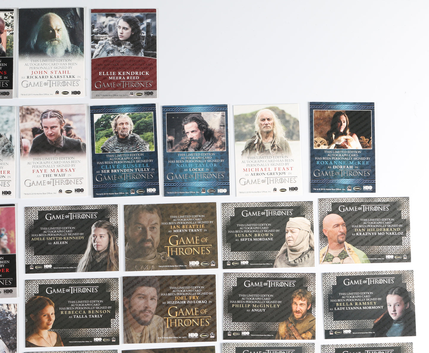 
                  
                    Game of Thrones Rittenhouse Trading Cards 82pc LOT Signed by Peter Dinklage, Emilia Clarke, Kit Harington, Jack Gleeson, Maisie Williams, Nikolaj Coster-Waldau, Sophie Turner, Lena Heady, & More with Character Names & Quotes
                  
                