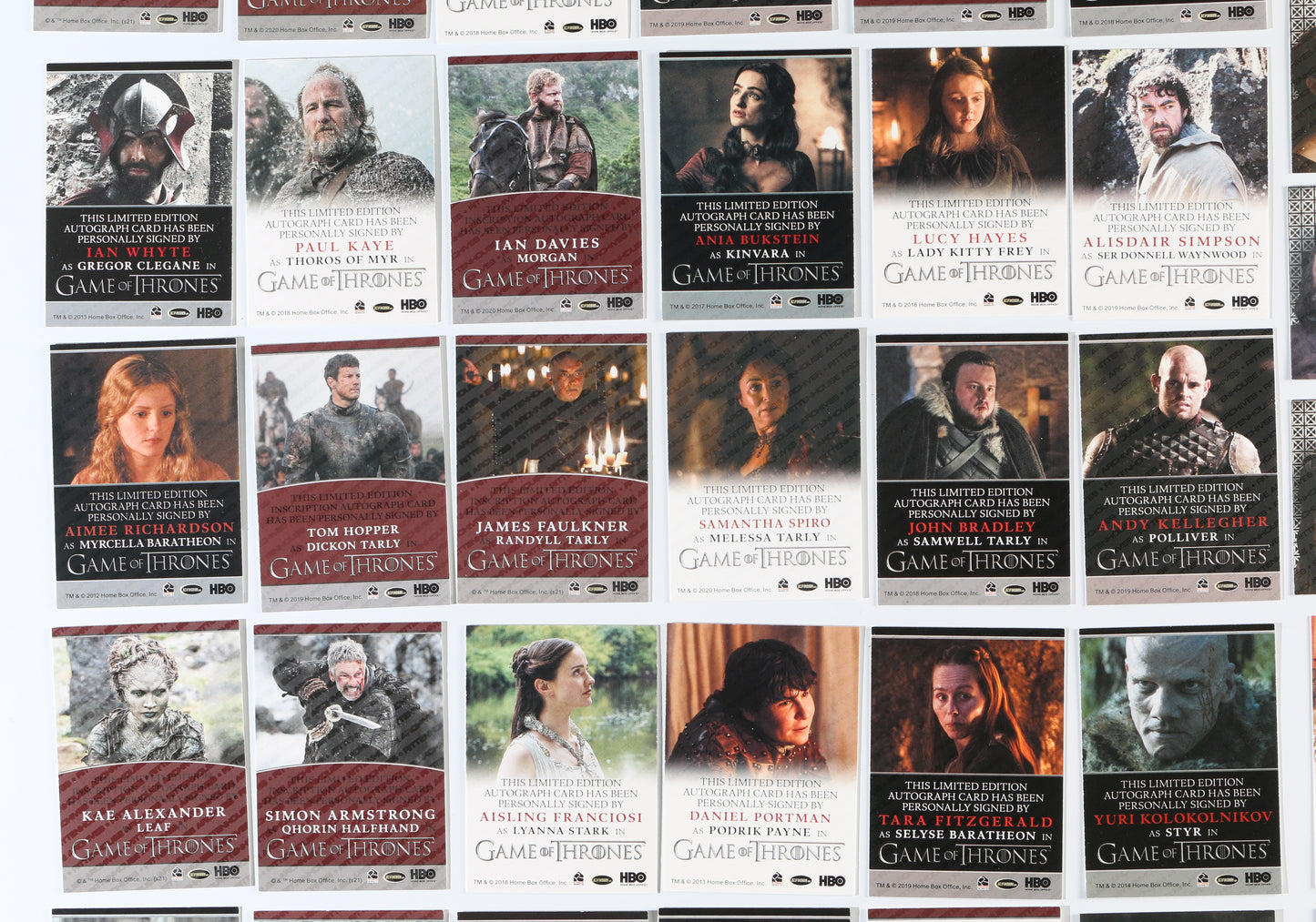 
                  
                    Game of Thrones Rittenhouse Trading Cards 82pc LOT Signed by Peter Dinklage, Emilia Clarke, Kit Harington, Jack Gleeson, Maisie Williams, Nikolaj Coster-Waldau, Sophie Turner, Lena Heady, & More with Character Names & Quotes
                  
                