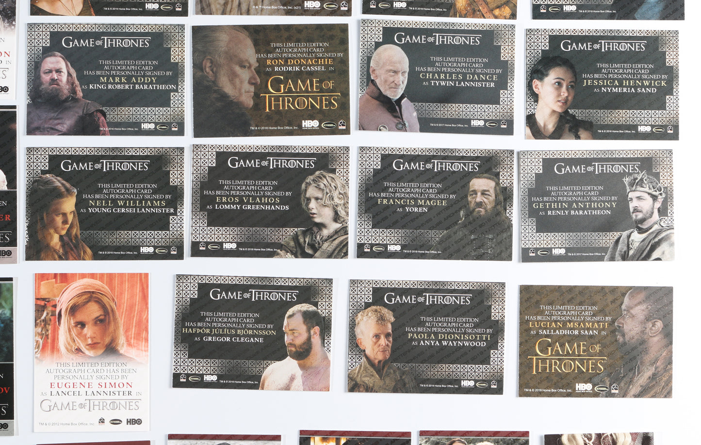 
                  
                    Game of Thrones Rittenhouse Trading Cards 82pc LOT Signed by Peter Dinklage, Emilia Clarke, Kit Harington, Jack Gleeson, Maisie Williams, Nikolaj Coster-Waldau, Sophie Turner, Lena Heady, & More with Character Names & Quotes
                  
                