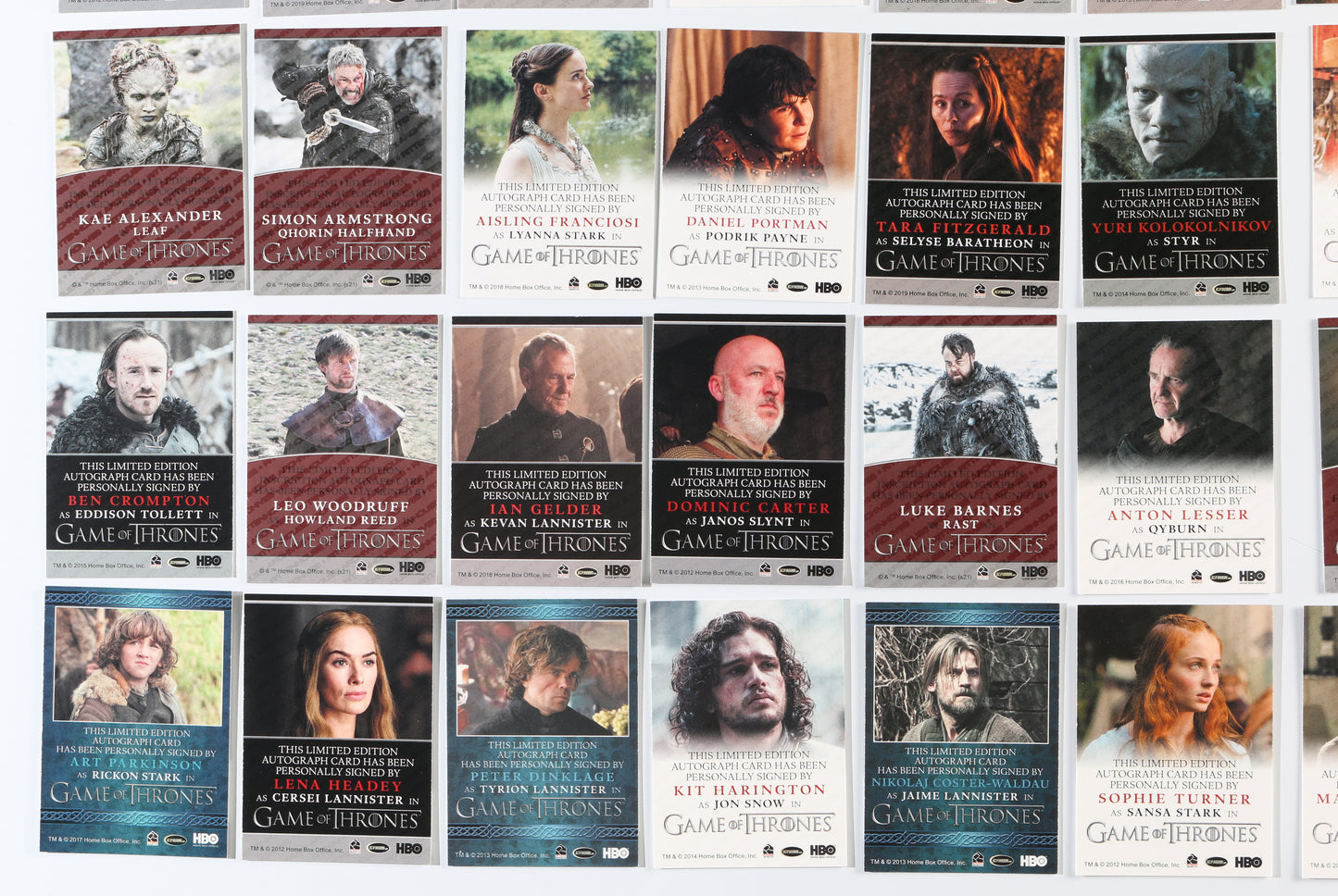 
                  
                    Game of Thrones Rittenhouse Trading Cards 82pc LOT Signed by Peter Dinklage, Emilia Clarke, Kit Harington, Jack Gleeson, Maisie Williams, Nikolaj Coster-Waldau, Sophie Turner, Lena Heady, & More with Character Names & Quotes
                  
                
