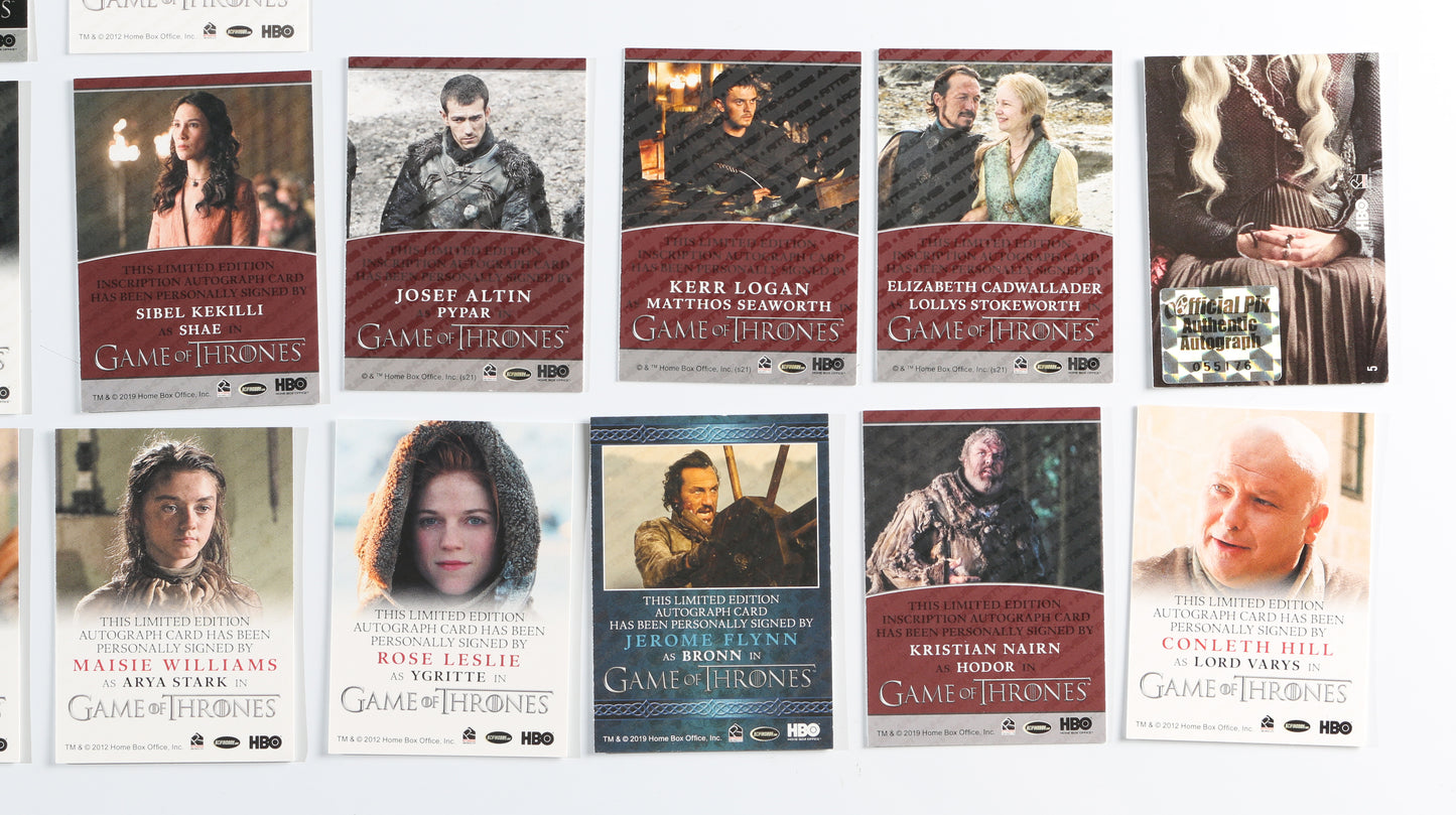 
                  
                    Game of Thrones Rittenhouse Trading Cards 82pc LOT Signed by Peter Dinklage, Emilia Clarke, Kit Harington, Jack Gleeson, Maisie Williams, Nikolaj Coster-Waldau, Sophie Turner, Lena Heady, & More with Character Names & Quotes
                  
                