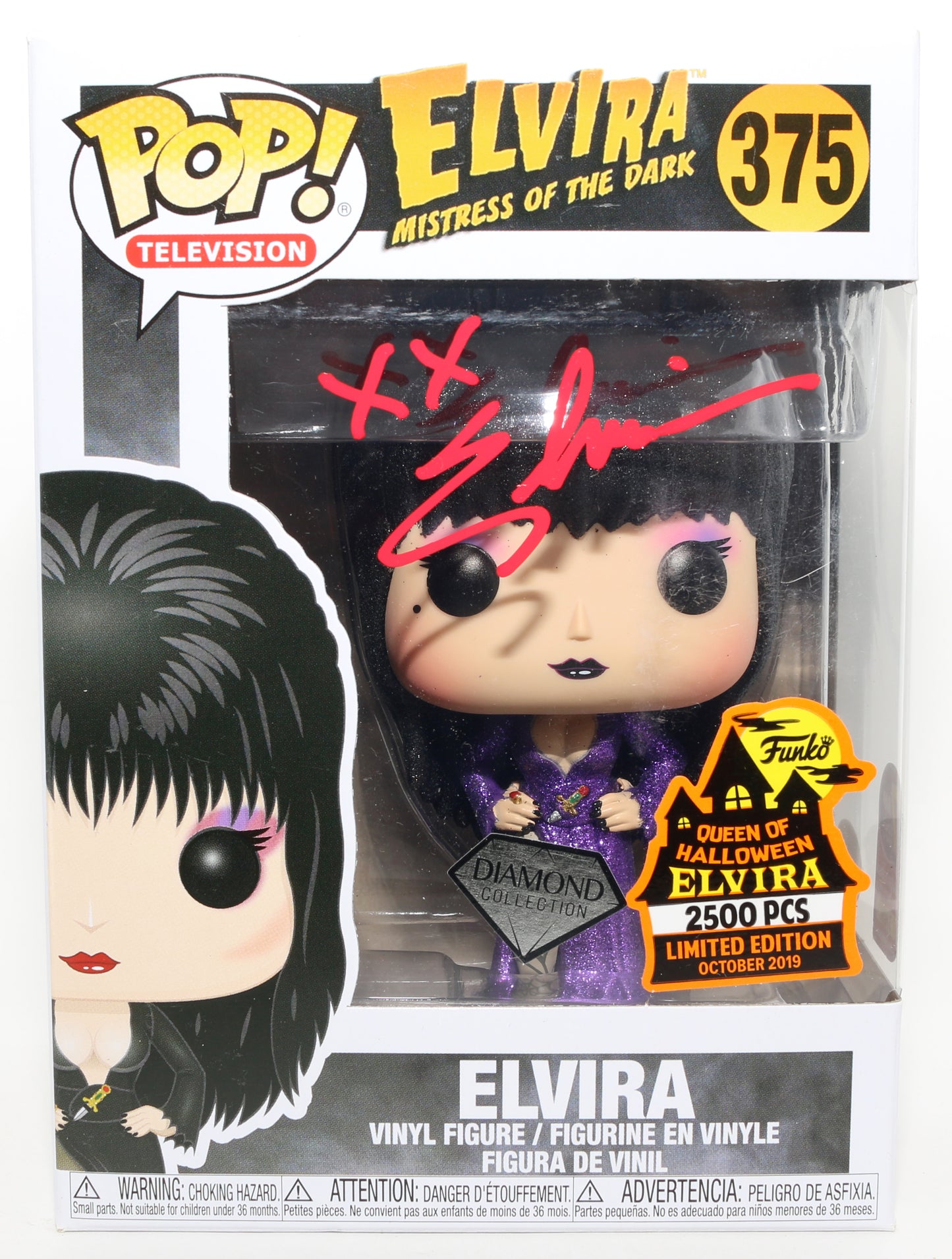 
                  
                    Cassandra Peterson as Elvira in Elvira: Mistress of the Dark Diamond Collection Queen of Halloween 2500 Pcs 7 BAP Signature Series (JSA) Signed Funko POP! #375
                  
                