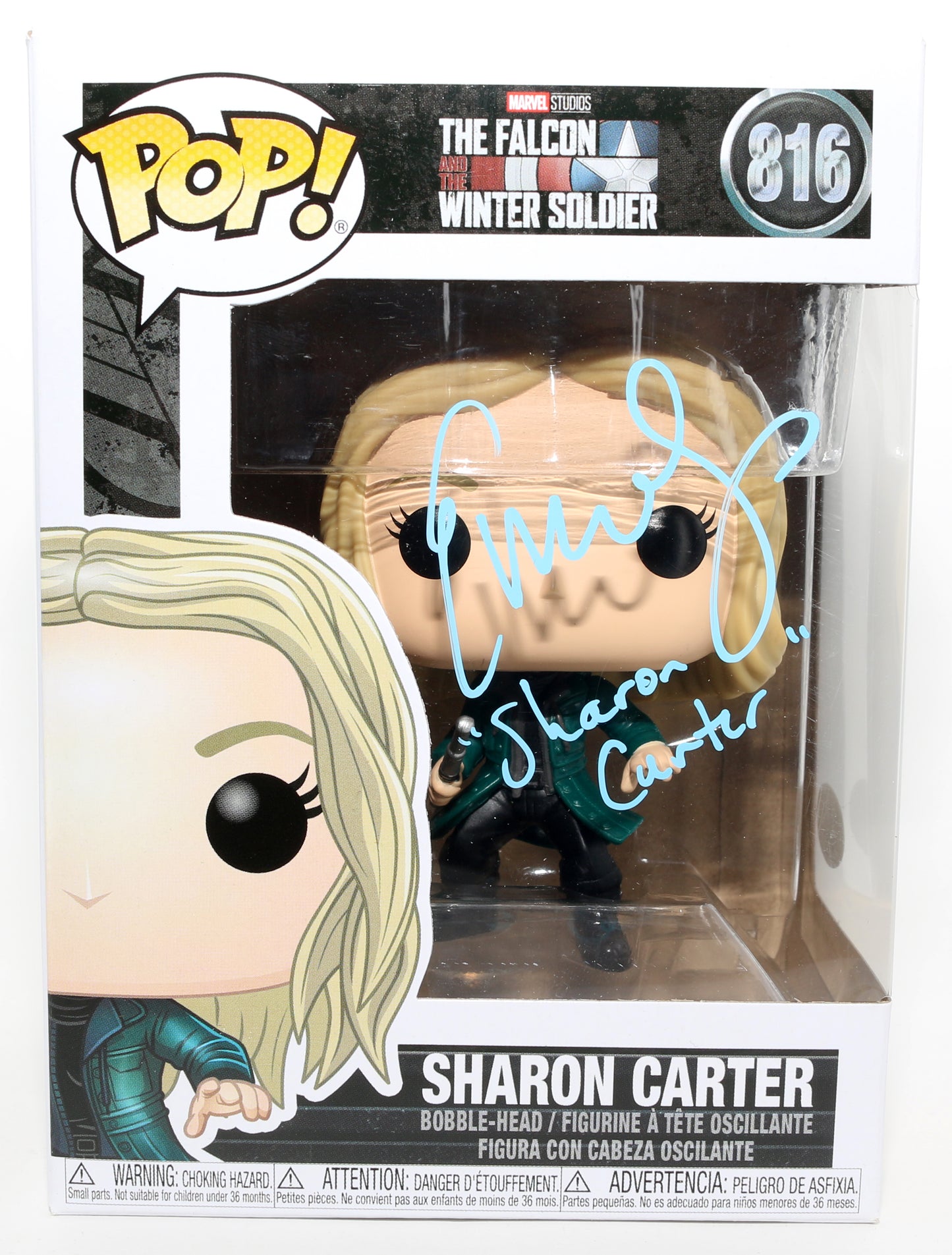 
                  
                    Emily VanCamp as Sharon Carter in Falcon & the Winter Soldier (JSA) Signed Funko POP! #816 with Character Name
                  
                