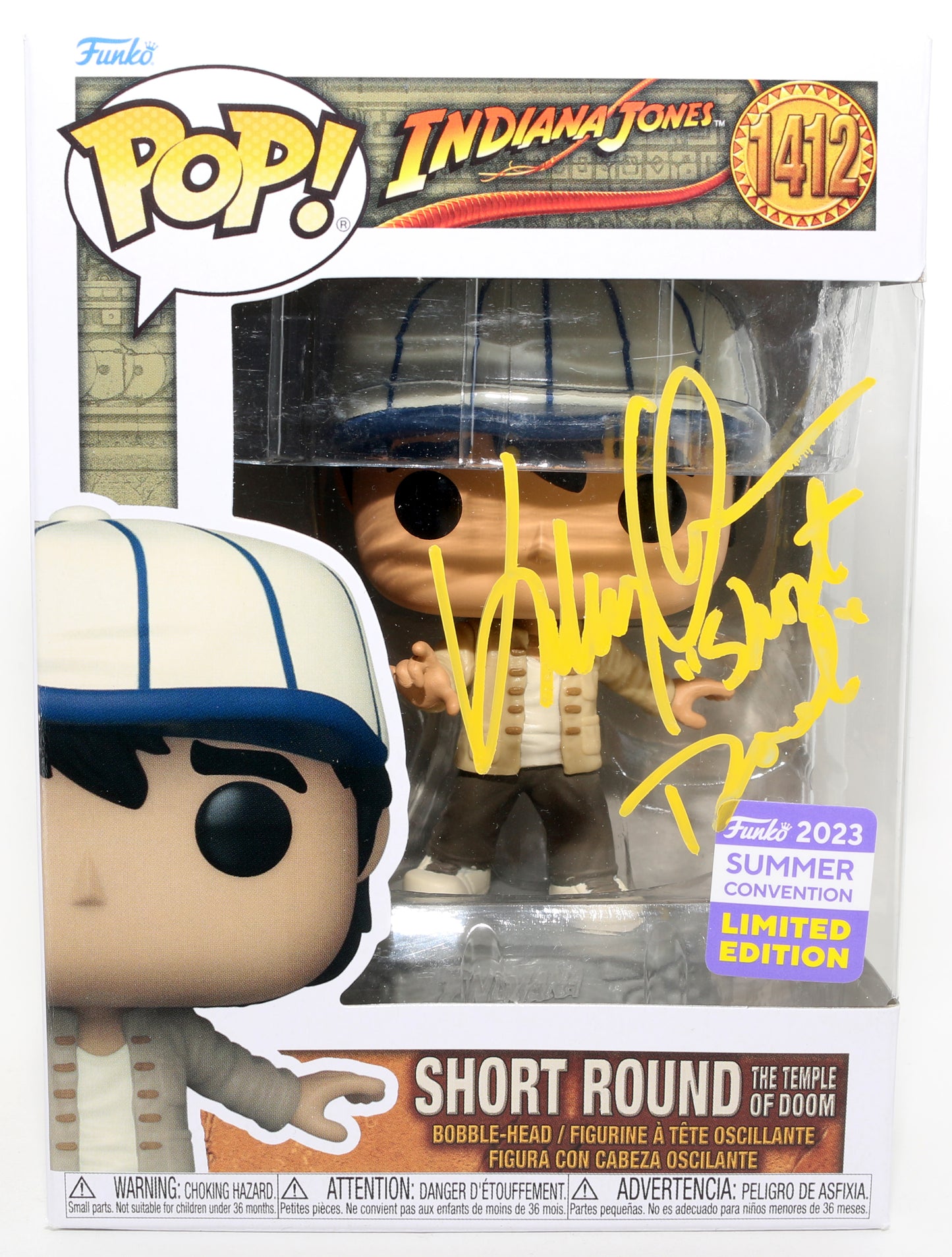 
                  
                    Ke Huy Quan as Short Round in Indiana Jones & the Temple of Doom 2023 Summer Convention Limited Edition (JSA) Signed Funko POP! #1412 with Character Name
                  
                